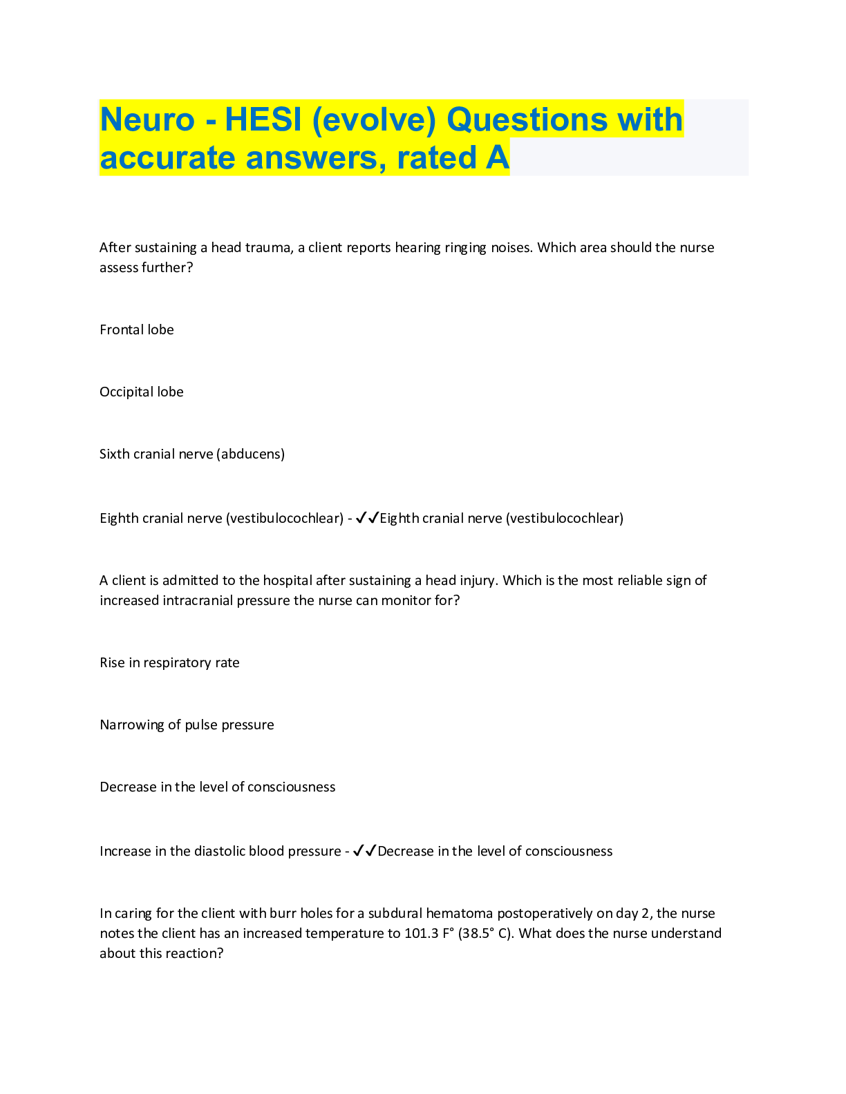 Preview image for Neuro - HESI (evolve) Questions with accurate answers, rated A