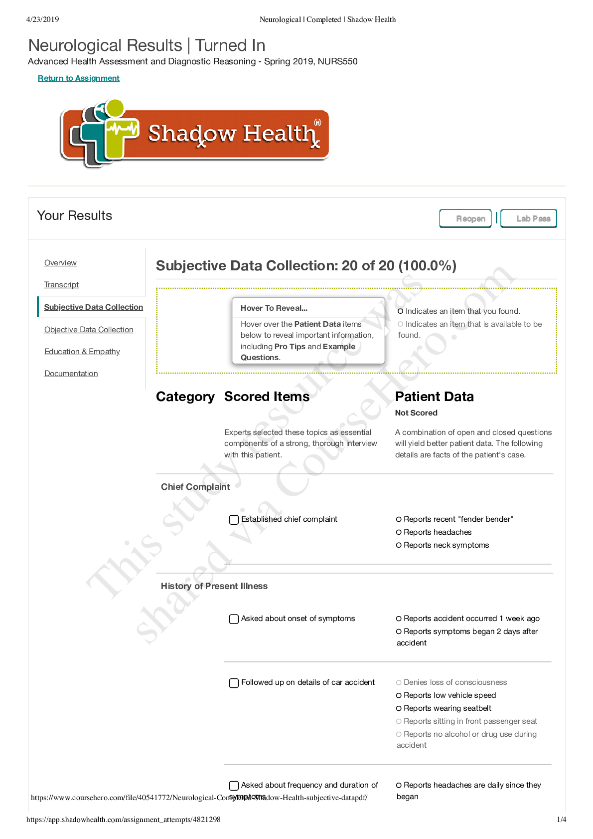 Preview image for Neurological Completed Shadow Health_subjective data