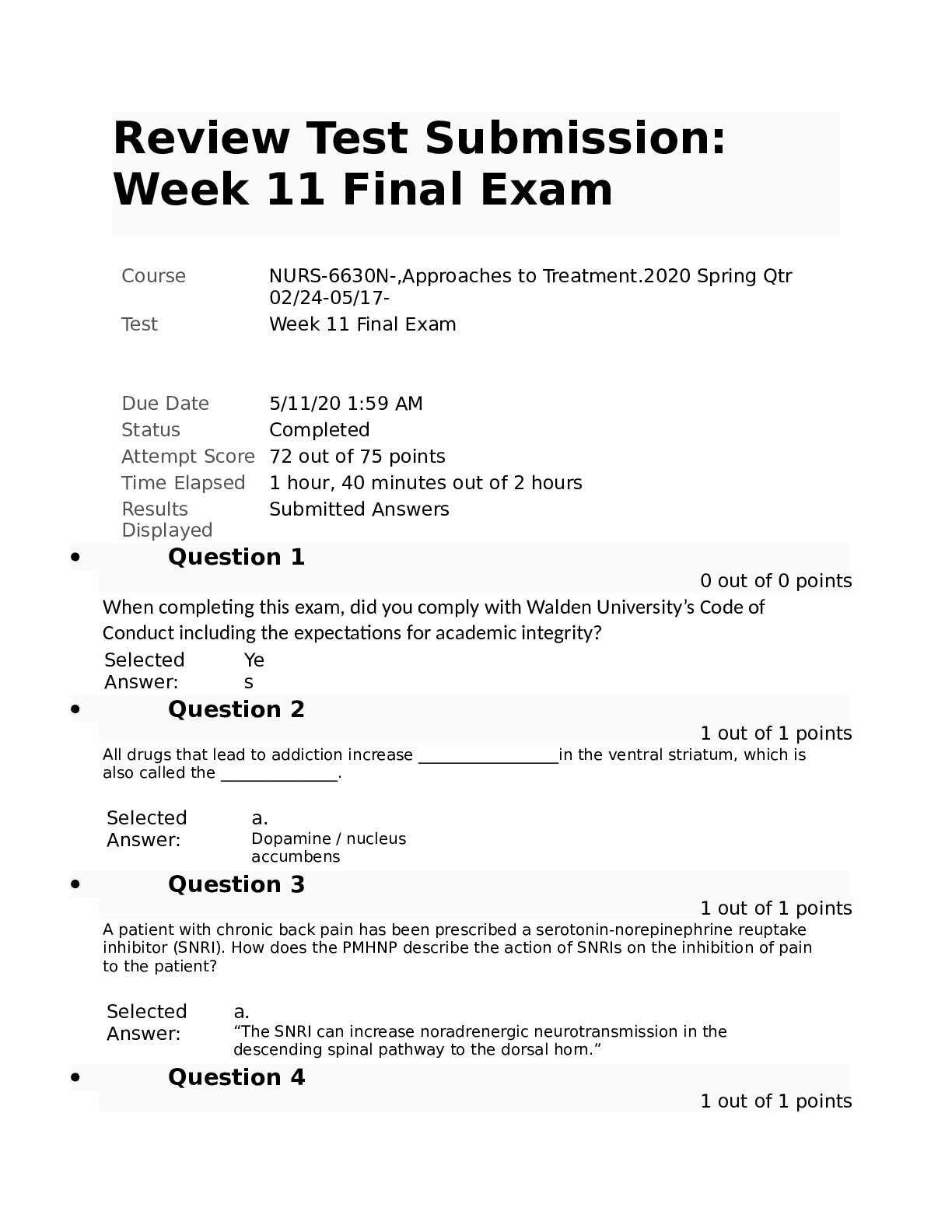 Preview image for NURS6630 / NURS6630N Approaches to Treatment 2020  Week 11 Final Exam GRADED A