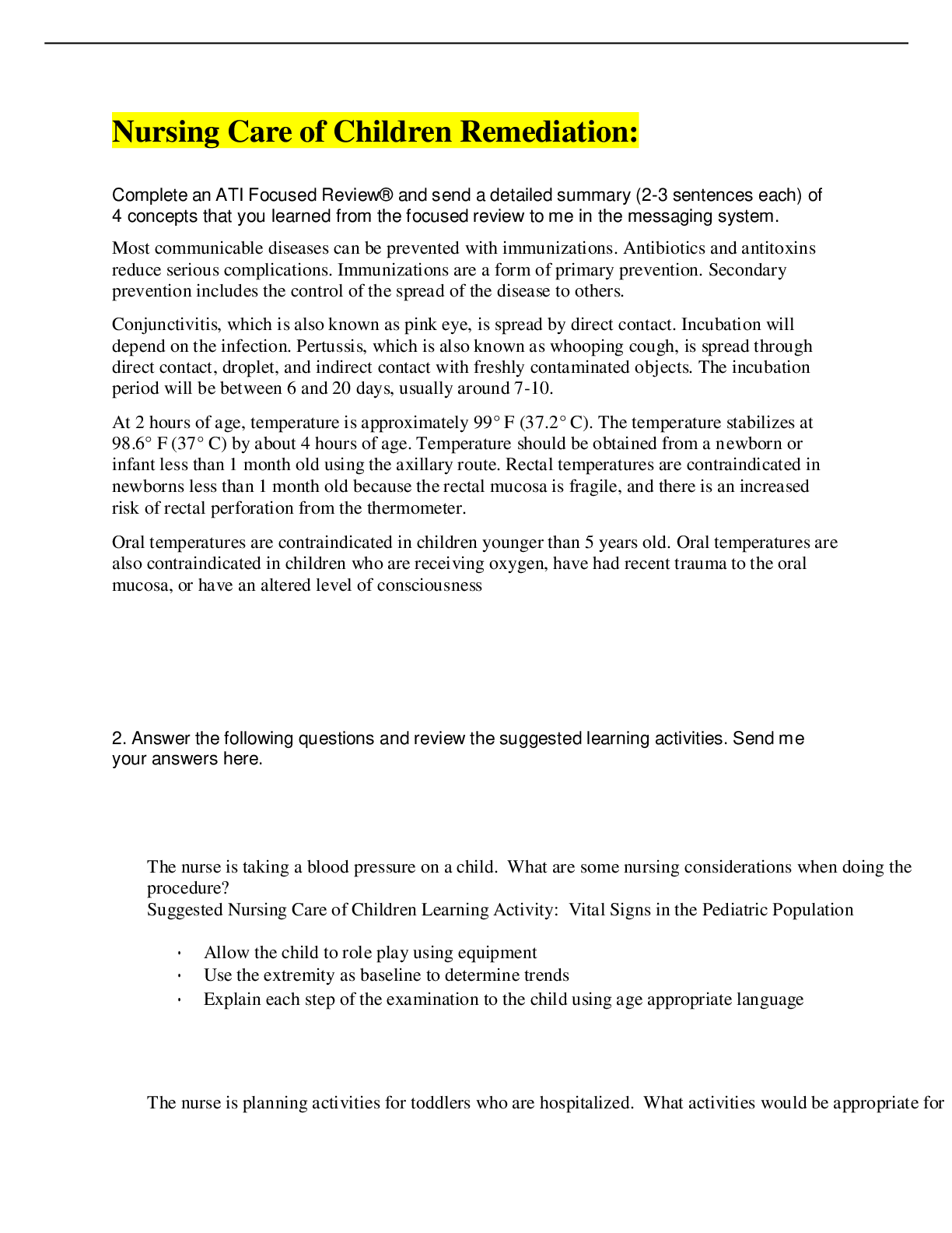 Preview image for Nursing Care of Children Remediation (Graded A)