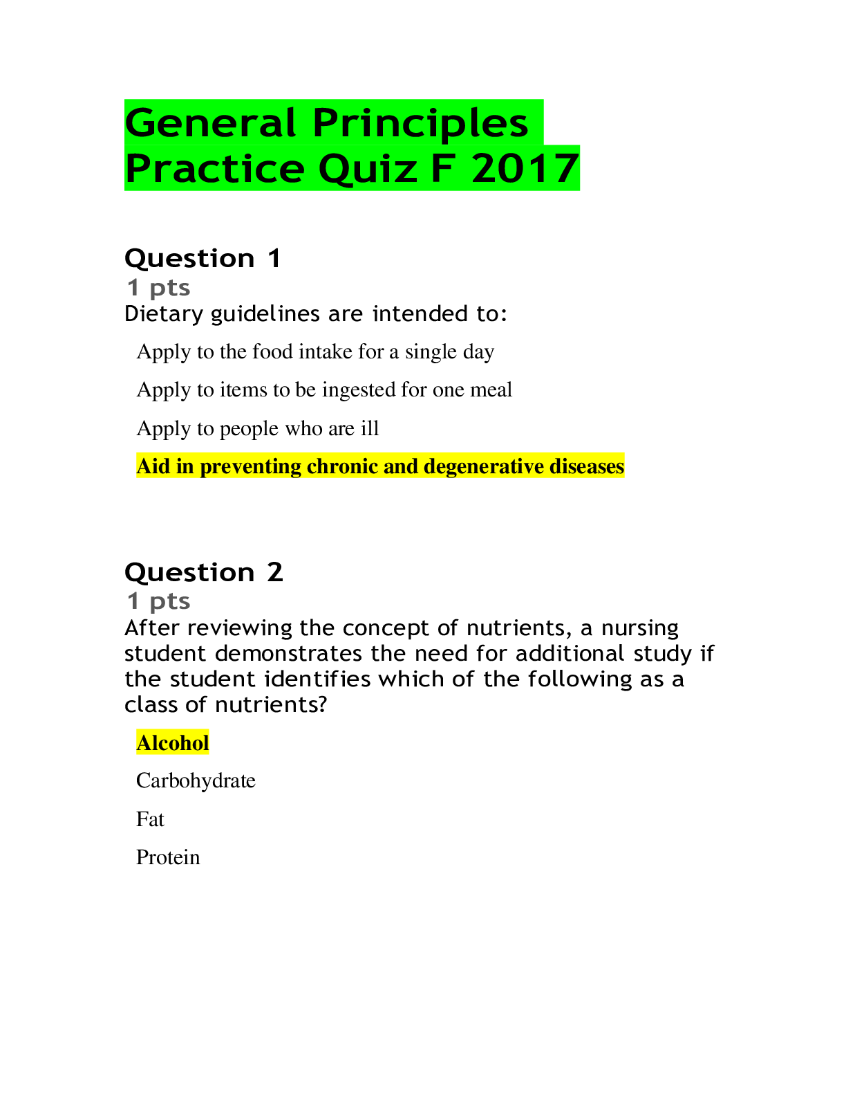 Preview image for Nutrition General Principles Quiz Fa latest complete test with over 200 questions with answers *graded A*