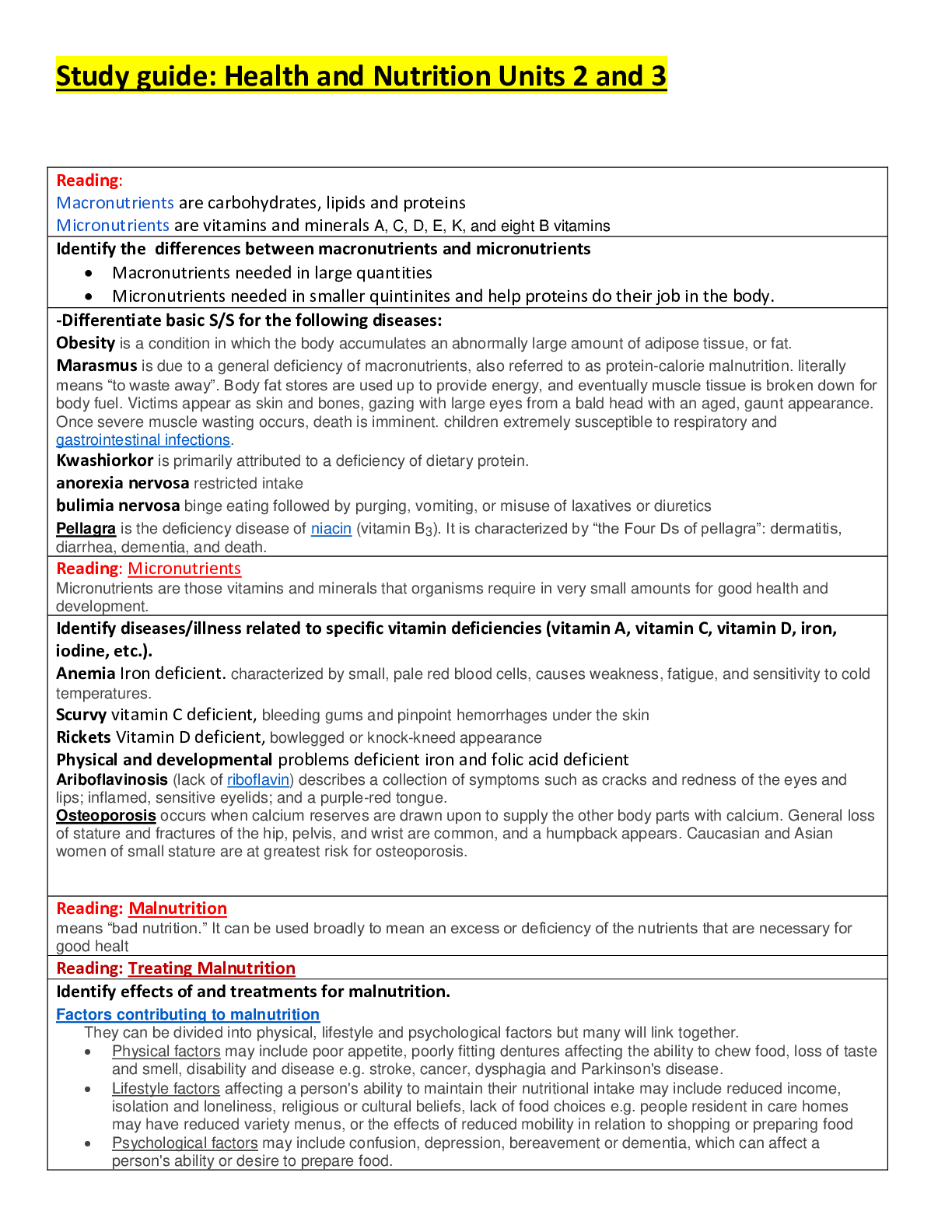 Preview of NUTRITION C787 - Study Guide: Health and Nutrition Units 2 and 3.