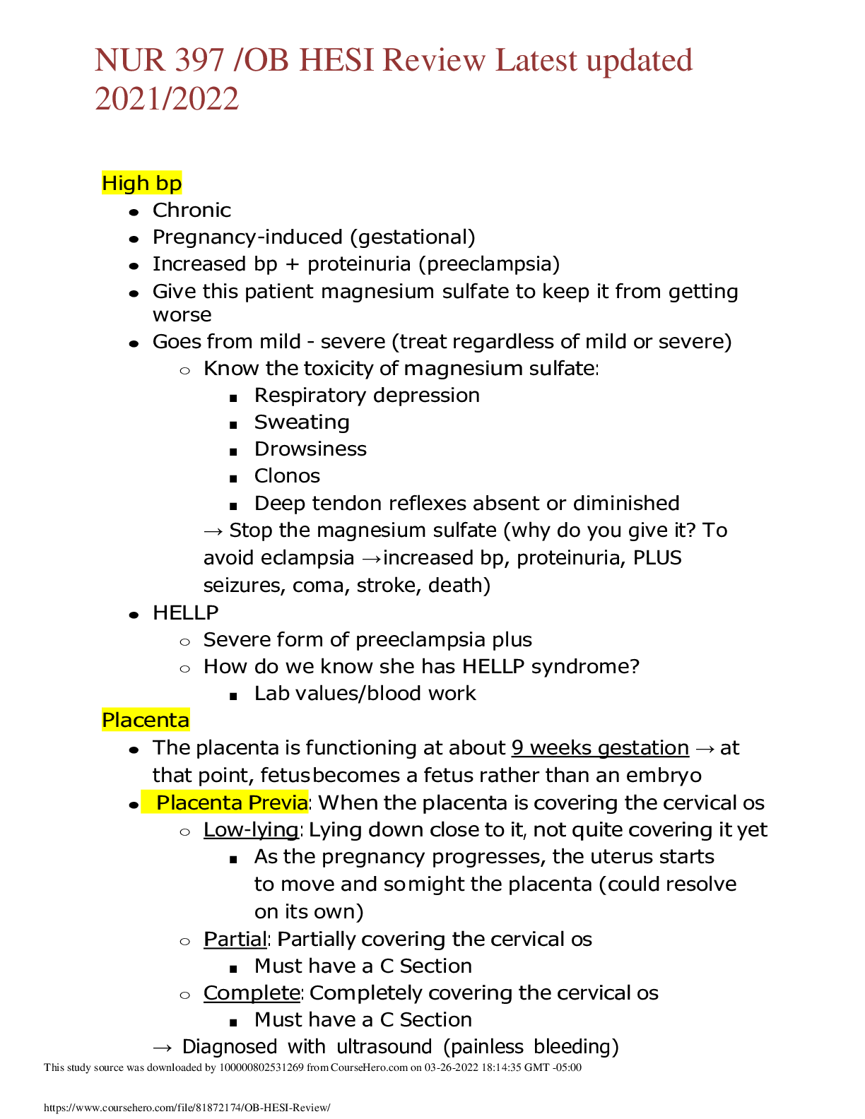Preview image for NUR 397 /OB HESI Review Latest updated 2021/2022