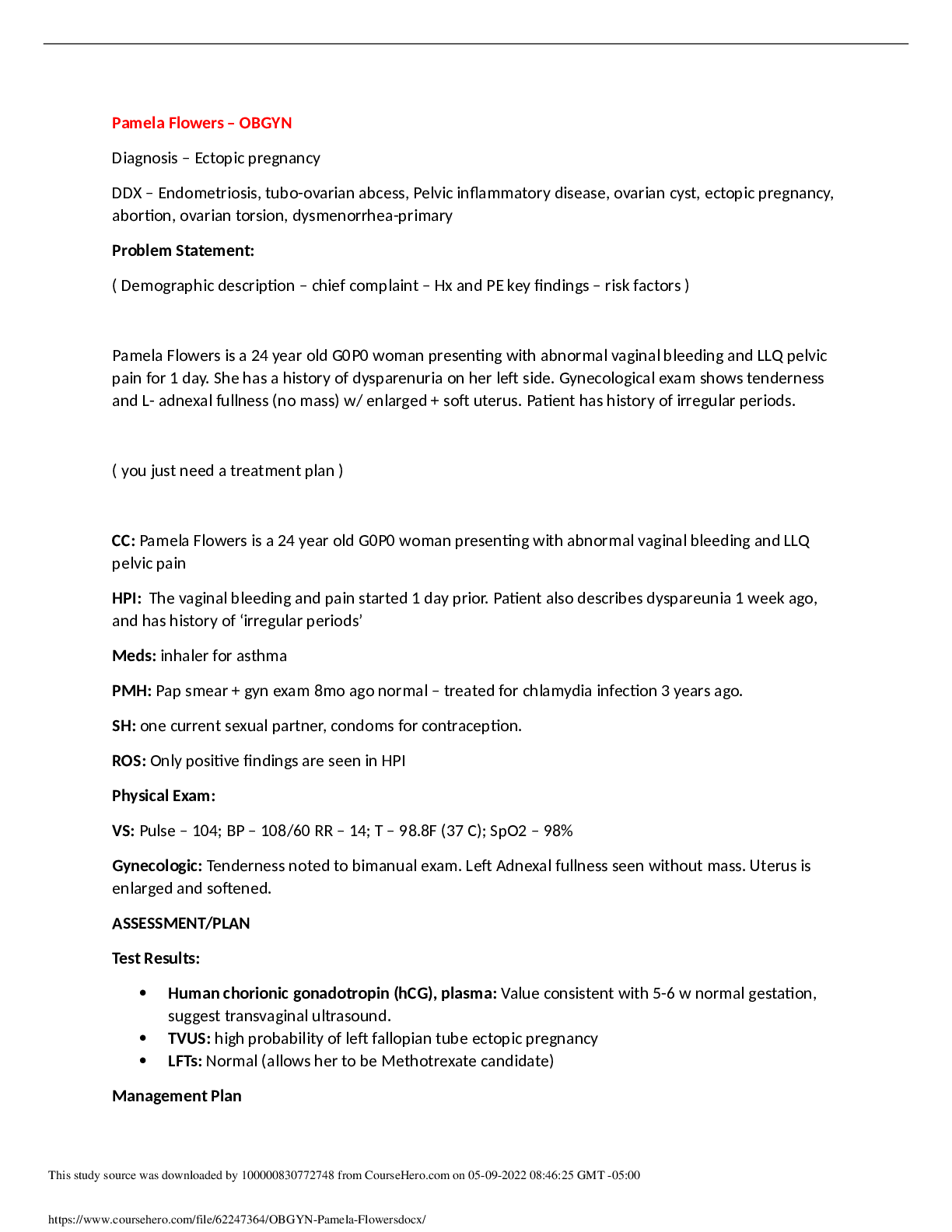 Preview image for Case Study i-human OBGYN Pamela Flowers - Complete Solutions (Graded A+)