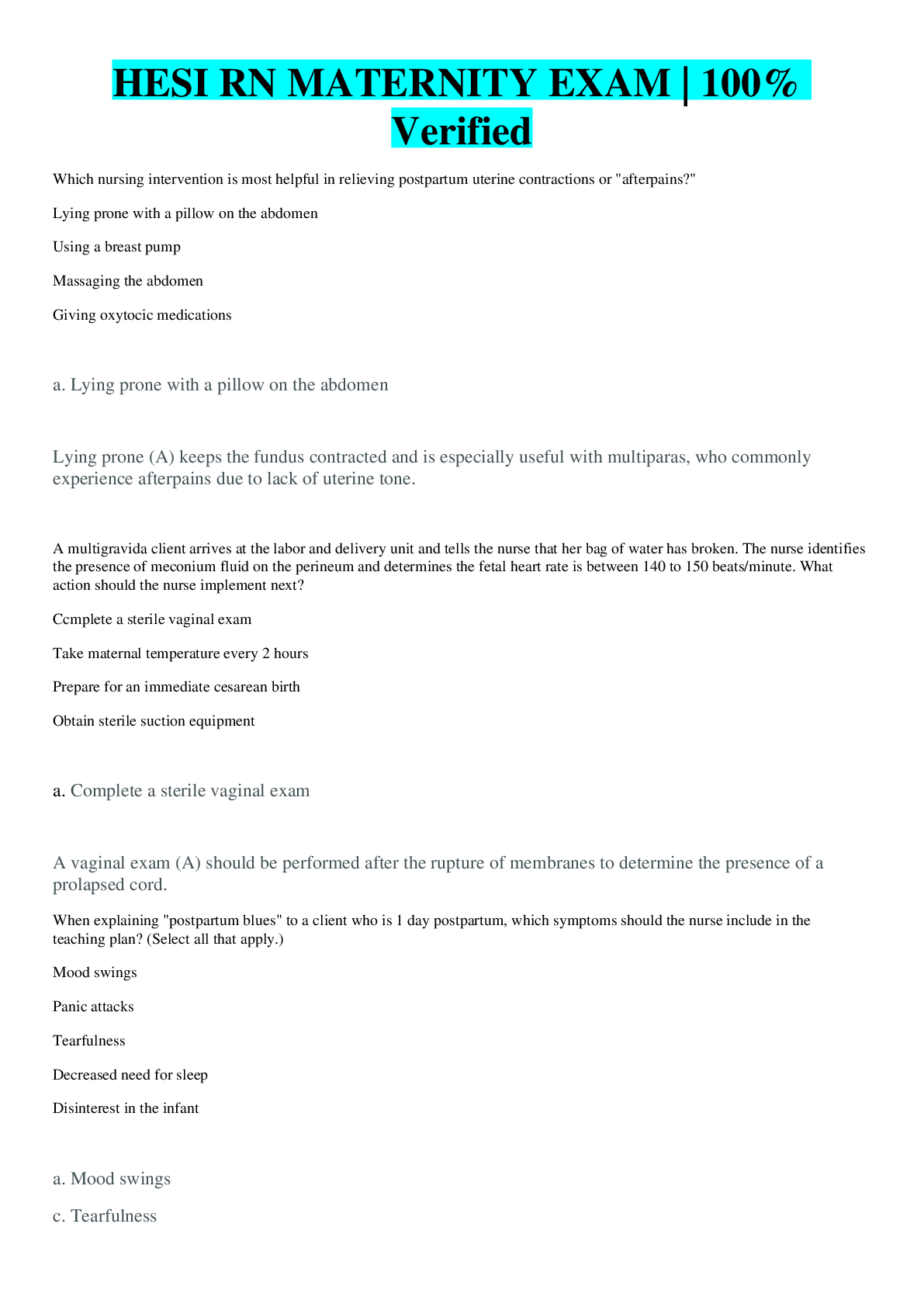 Preview image for Maternity HESI 1 Test Questions and Answers (HESI 2016, 2017, 2018, 2019 and 2020). Contains more than 250 Questions and Answers.