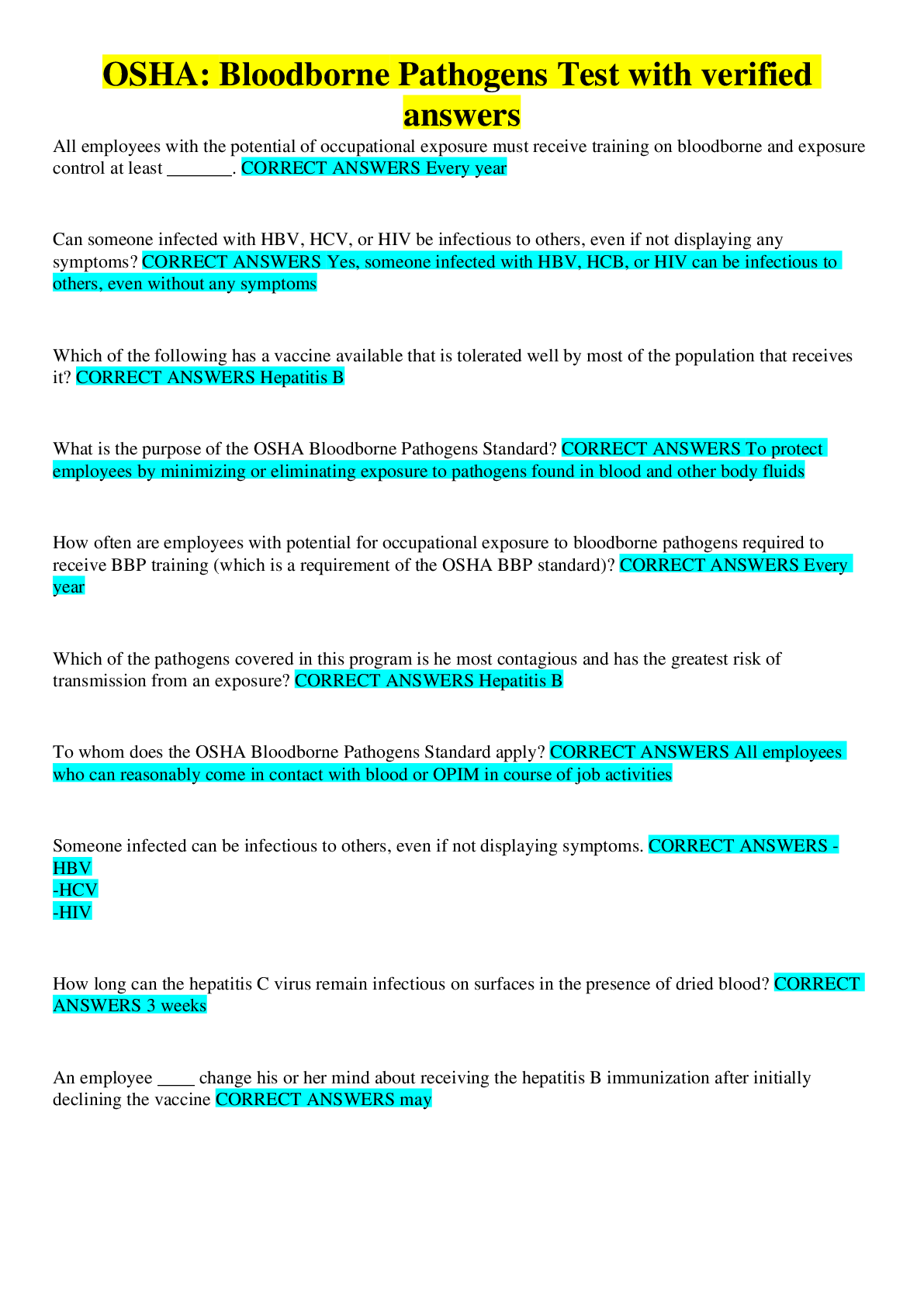 Preview image for OSHA: Bloodborne Pathogens Test with verified answers