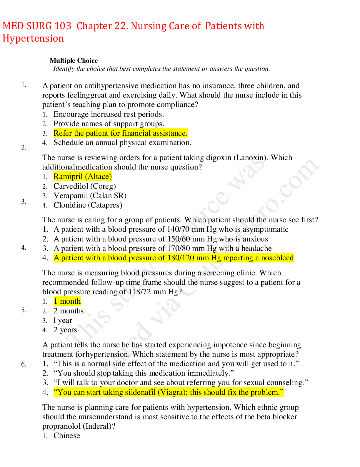 Preview image for MED SURG 103  Chapter 22. Nursing Care of  Patients with Hypertension,100% CORRECT