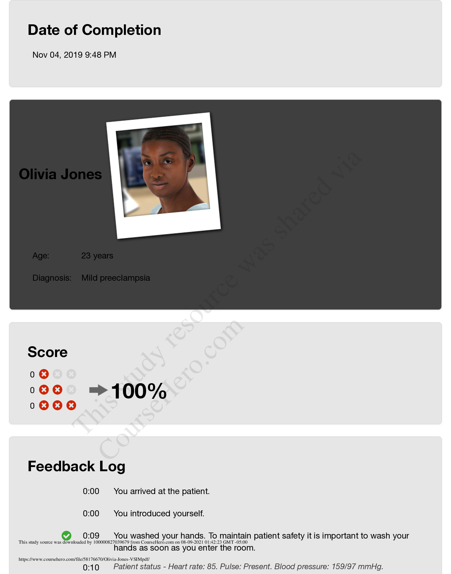 Preview image for Olivia Jones VSIM Score 91% Feedback Log