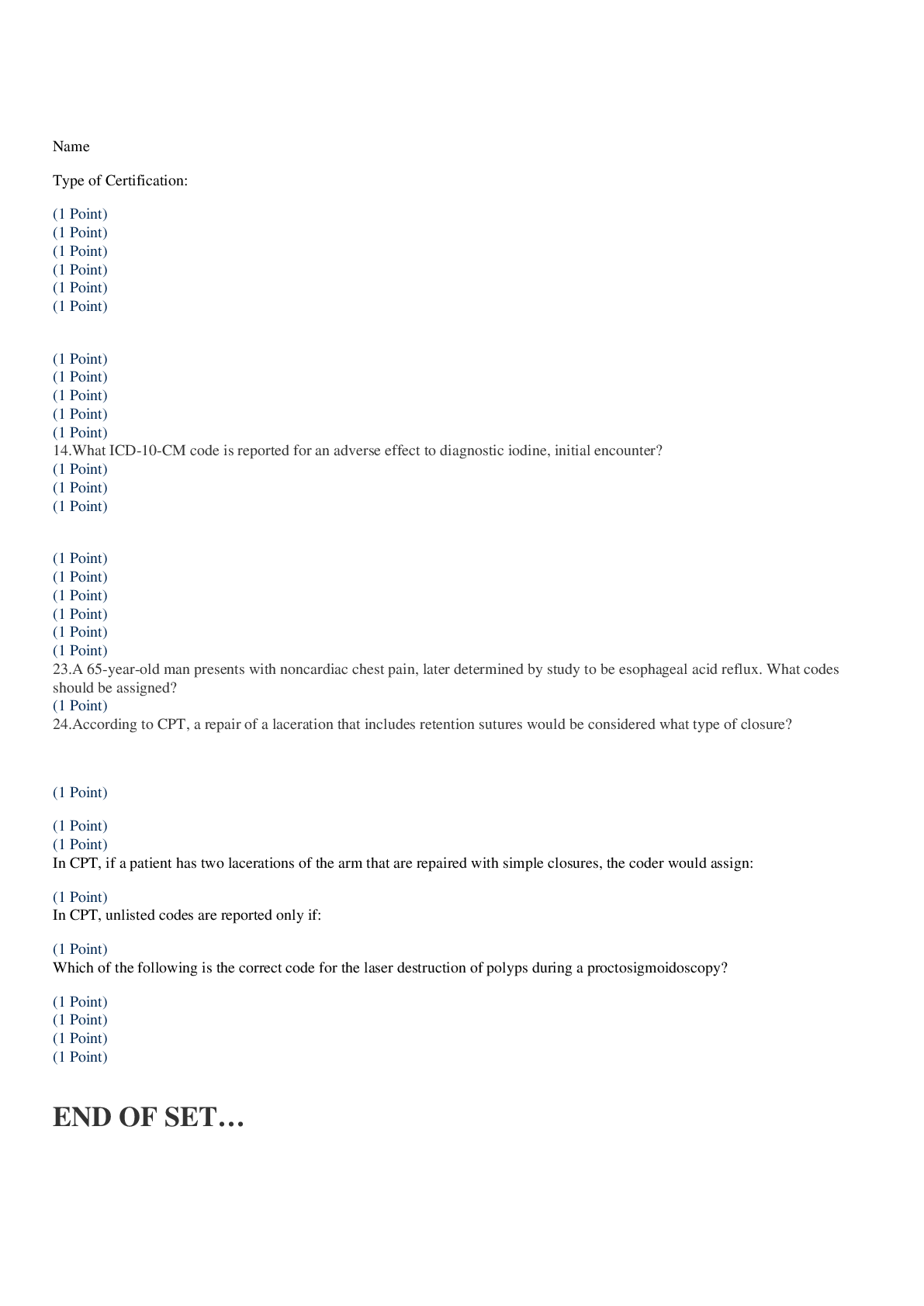 Preview of CODING 001 Outpatient Coding Exam Set A (GRADED A) Coding certification .org