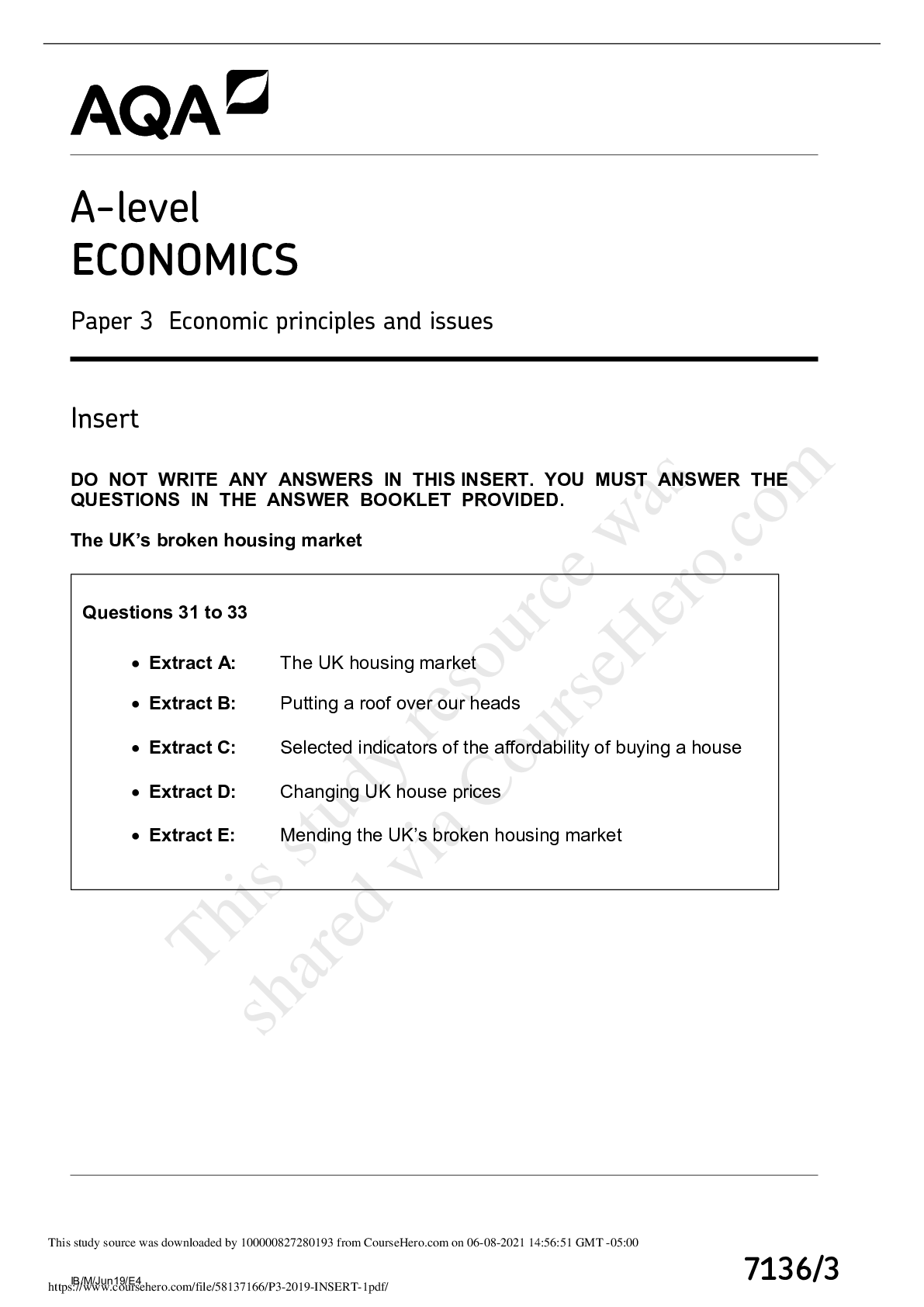 Preview of AQA A-level ECONOMICS Paper 3 Economic principles and issues ECON 123P3 2019 INSERT