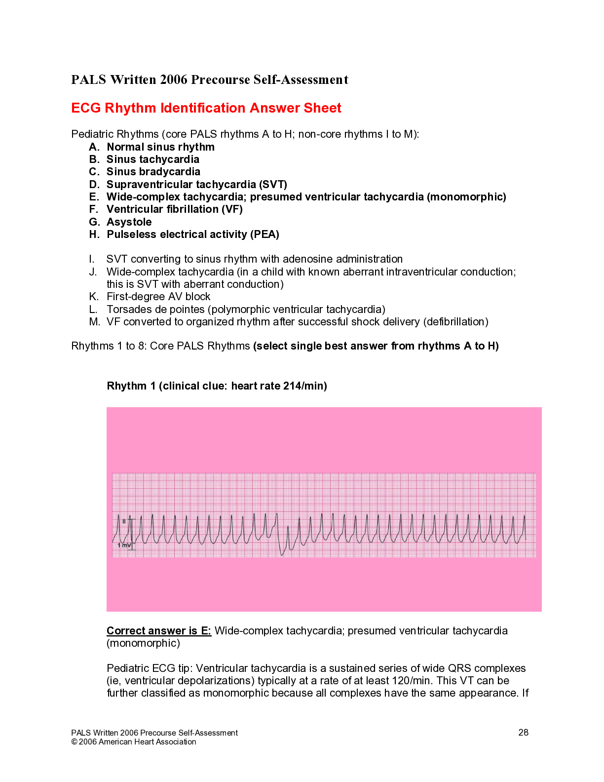 Preview image for PALS  Self-Assessment - ECG Rhythm Identification Answer Sheet