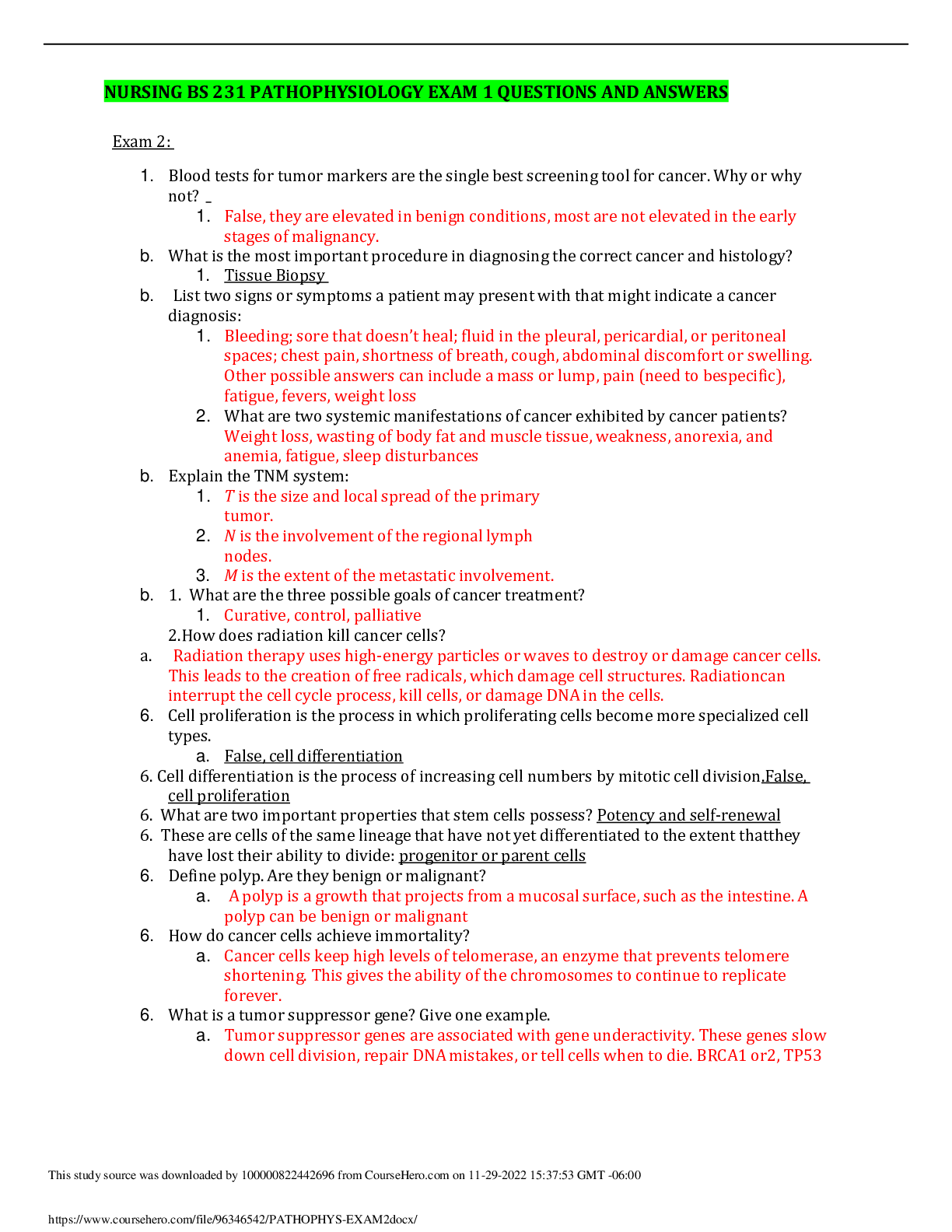 Preview of NURSING BS 231 PATHOPHYSIOLOGY EXAM 2 QUESTIONS AND ANSWERS Portage Learning