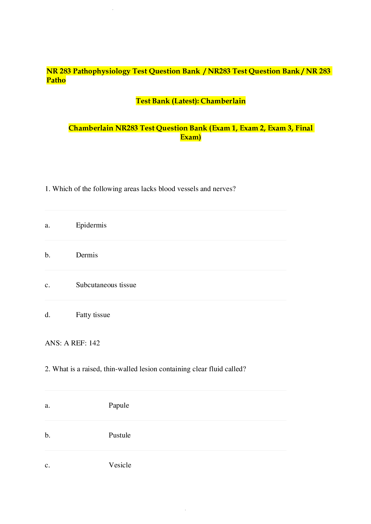 Preview of NR 283 Pathophysiology Test Question Bank / NR283 Test Question Bank / NR 283 Patho  Test