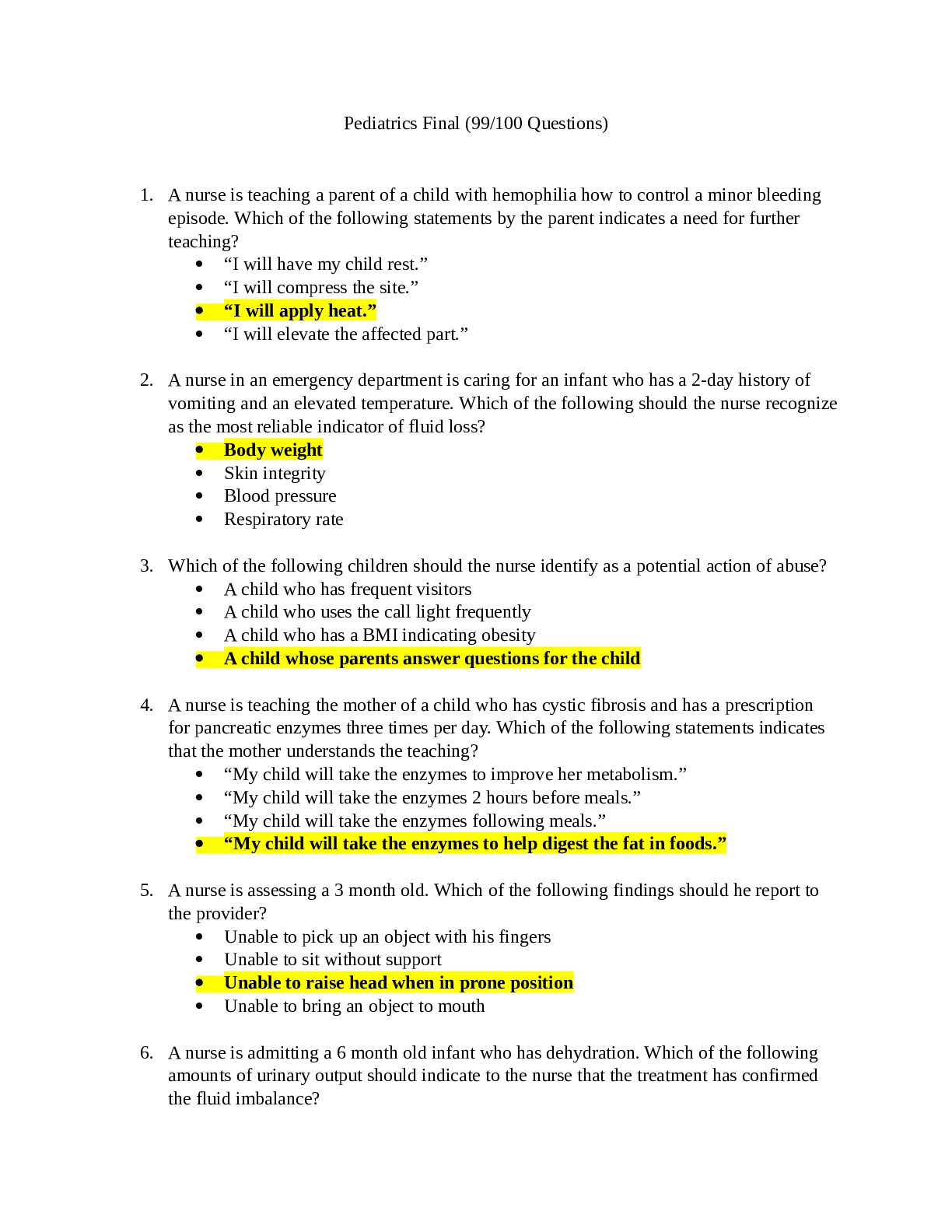 Preview image for Pediatrics Final Exam Fall 2021(99/100 Questions Correct)