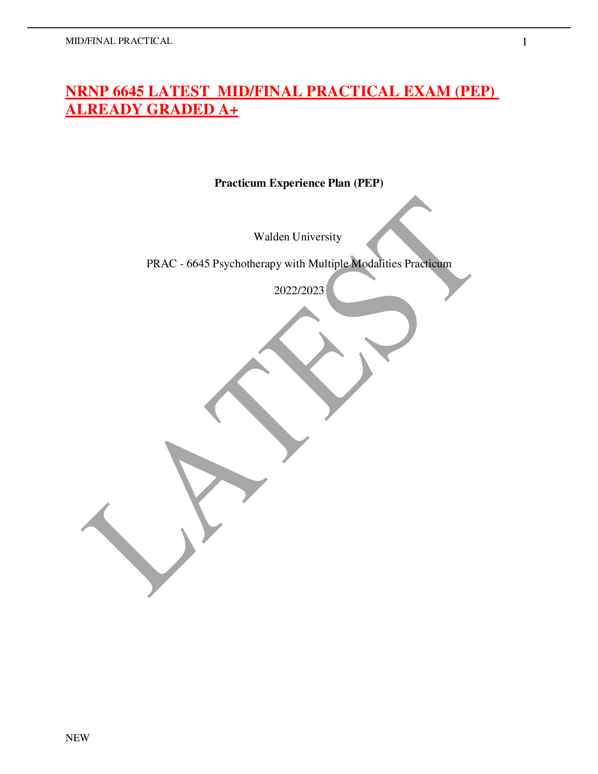 Preview image for Walden University NRNP6645 Practicum Experience Plan (PEP)Walden University