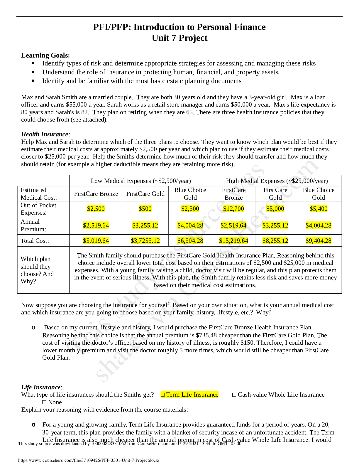Preview image for Texas Tech University - PFP 3301Unit 7 Project: Introduction to Personal Finance|PFI/PFP: Introduction to Personal Finance Unit 7 Project