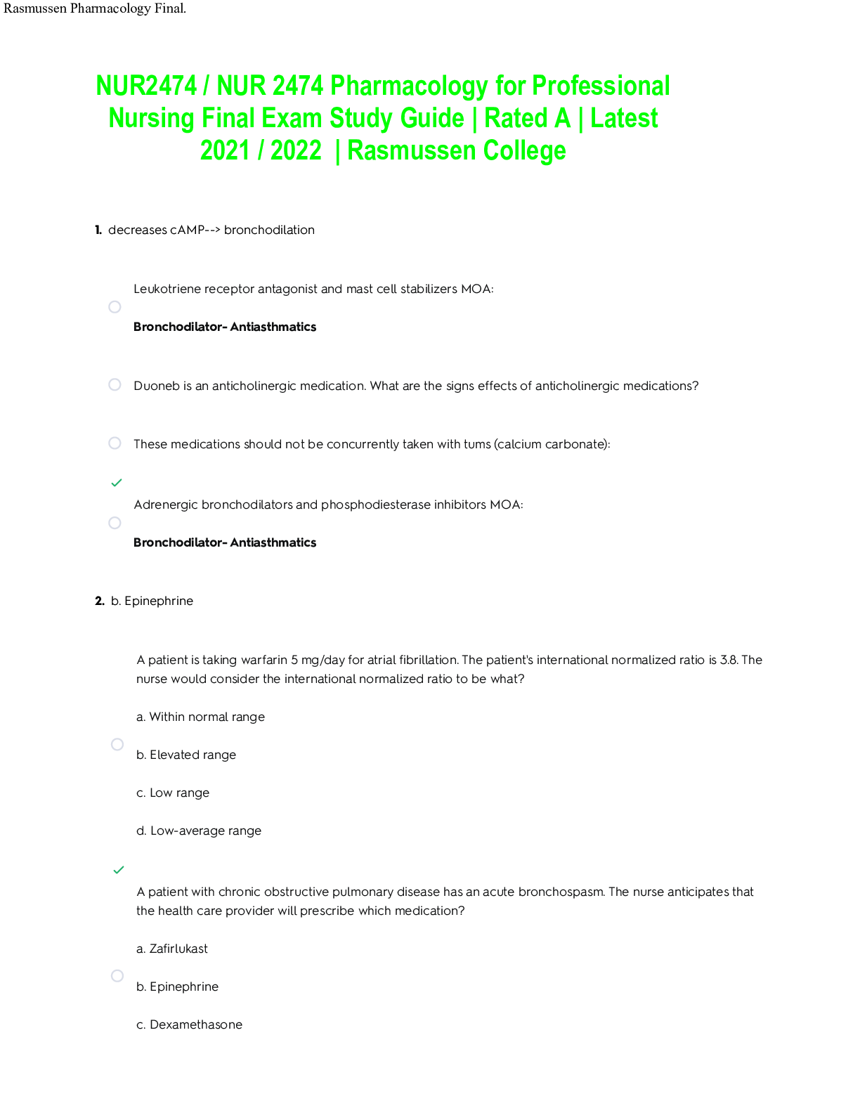 Preview image for NUR2474 / NUR 2474 Pharmacology for Professional Nursing Final Exam Study Guide | Rated A | Latest 2021 / 2022 | Rasmussen College