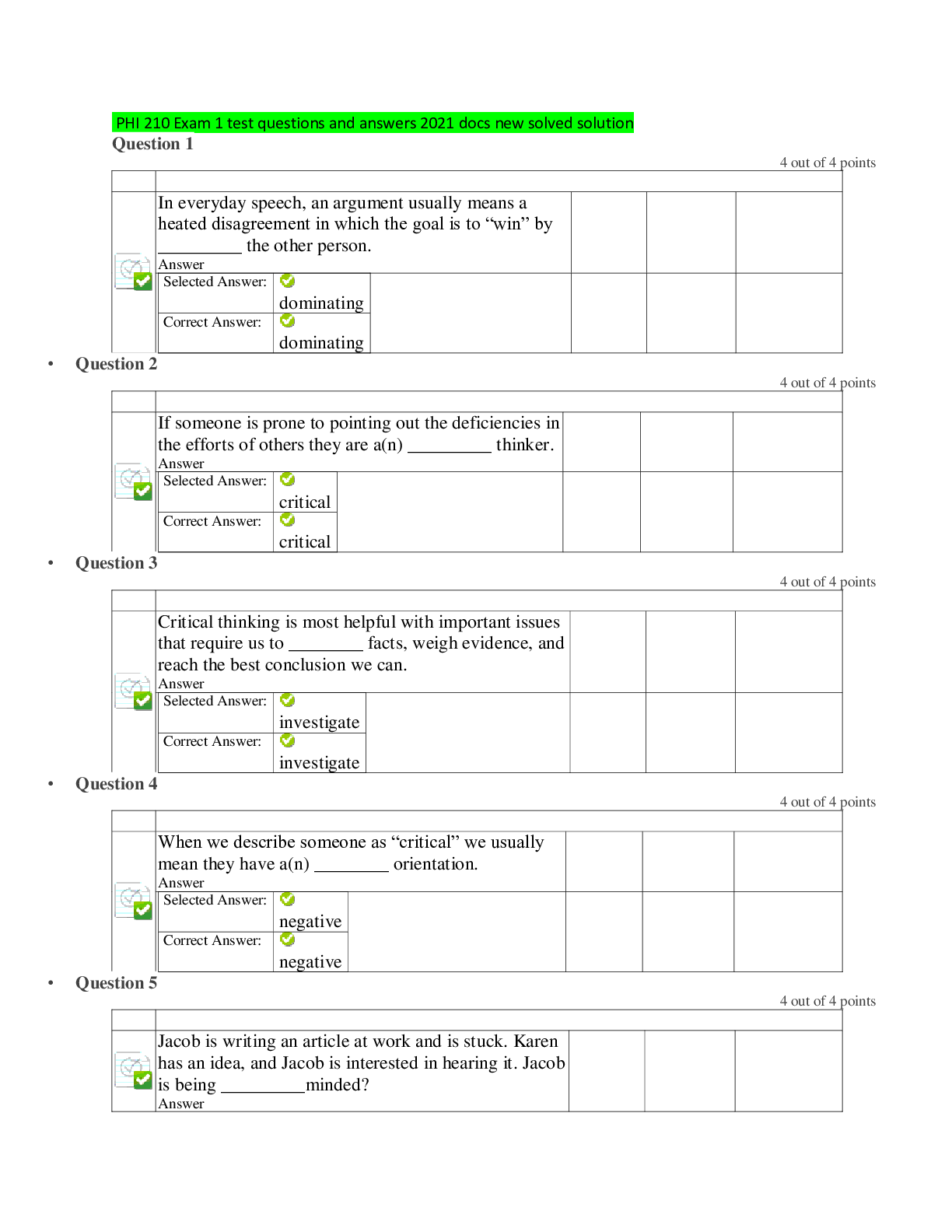 Preview of PHI 210 Exam 1 test questions and answers 2021 docs new solved solution