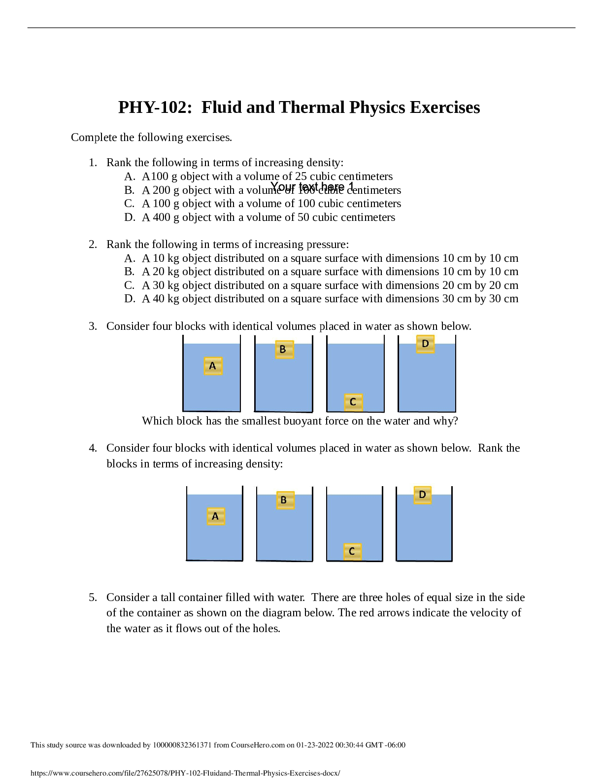 Preview of PHY-102: Fluid and Thermal Physics Exercises