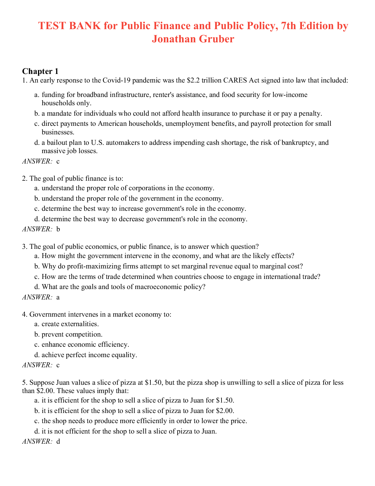 TEST BANK for Public Finance and Public Policy, 7th Edition by Jonathan Gruber