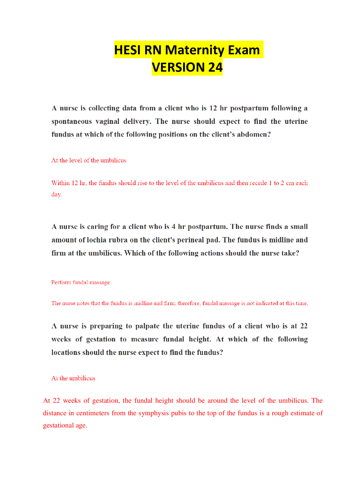HESI RN Maternity Exam Ver. 24 Questions & Answers with Rationale