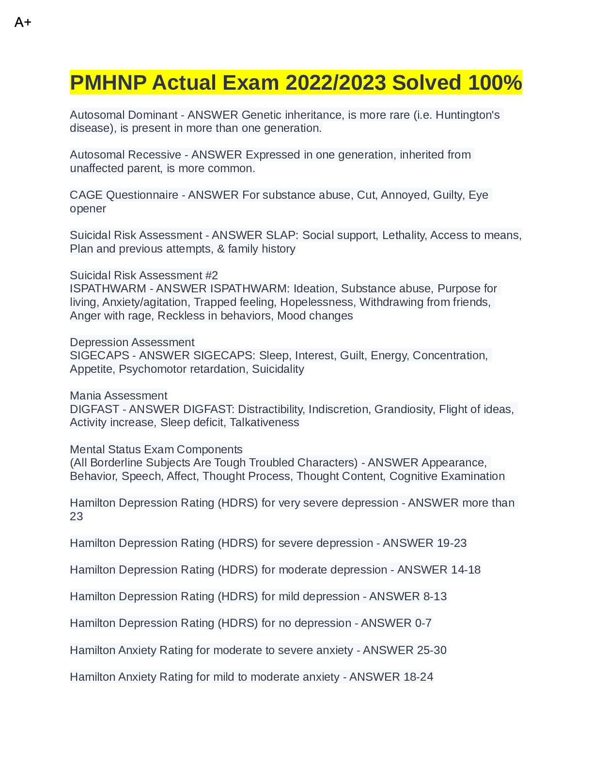 Preview image for PMHNP Actual Exam 2022/2023 Solved 100%