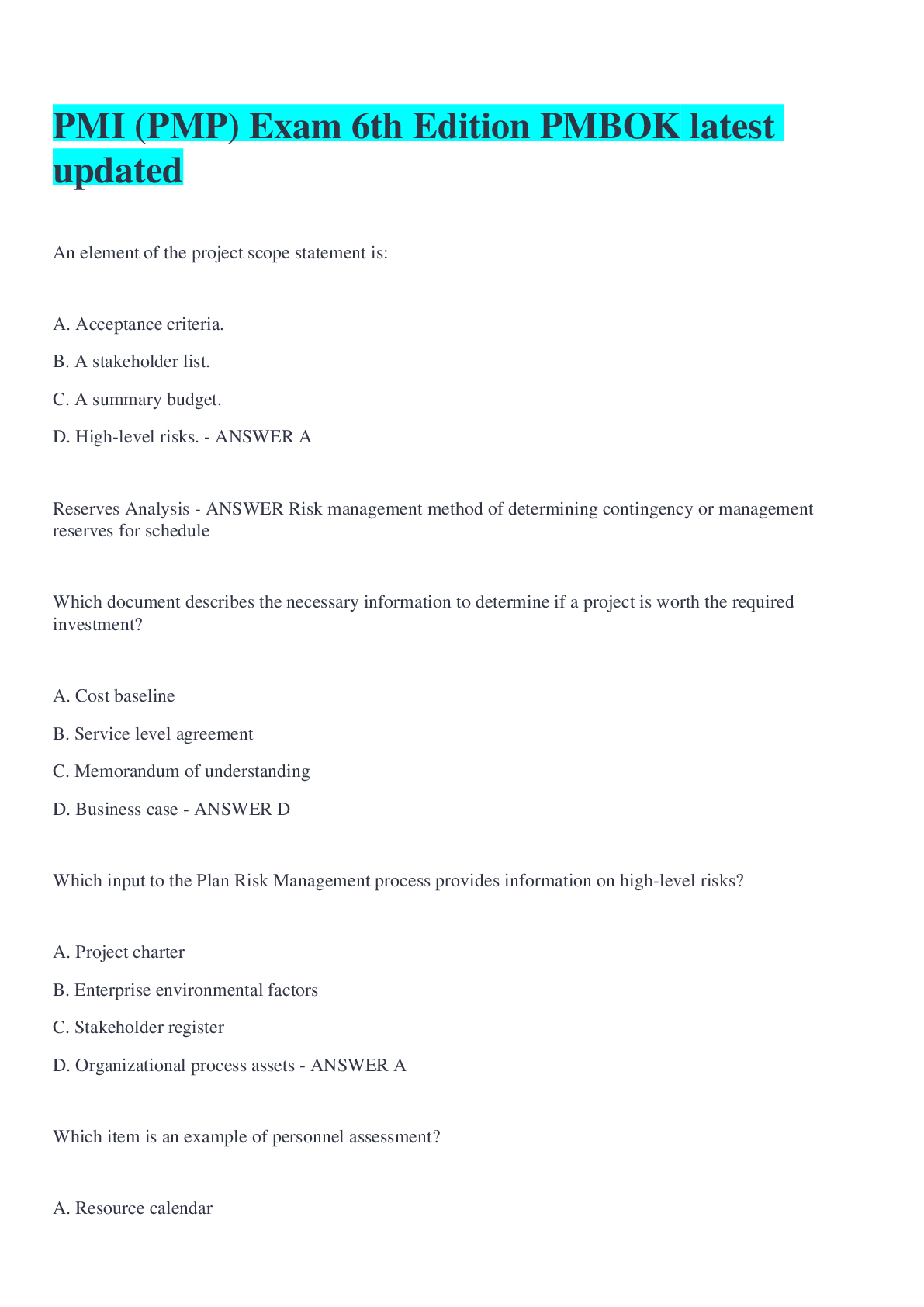 Preview image for PMI (PMP) Exam 6th Edition PMBOK latest updated
