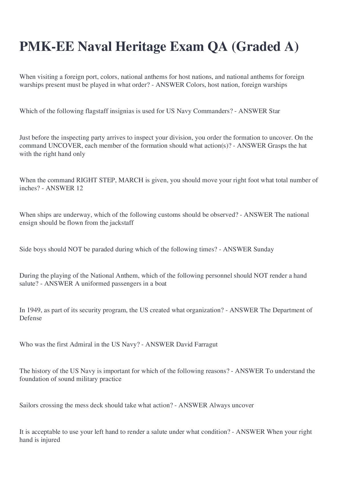 Preview image for PMK-EE Naval Heritage Exam QA (Graded A)