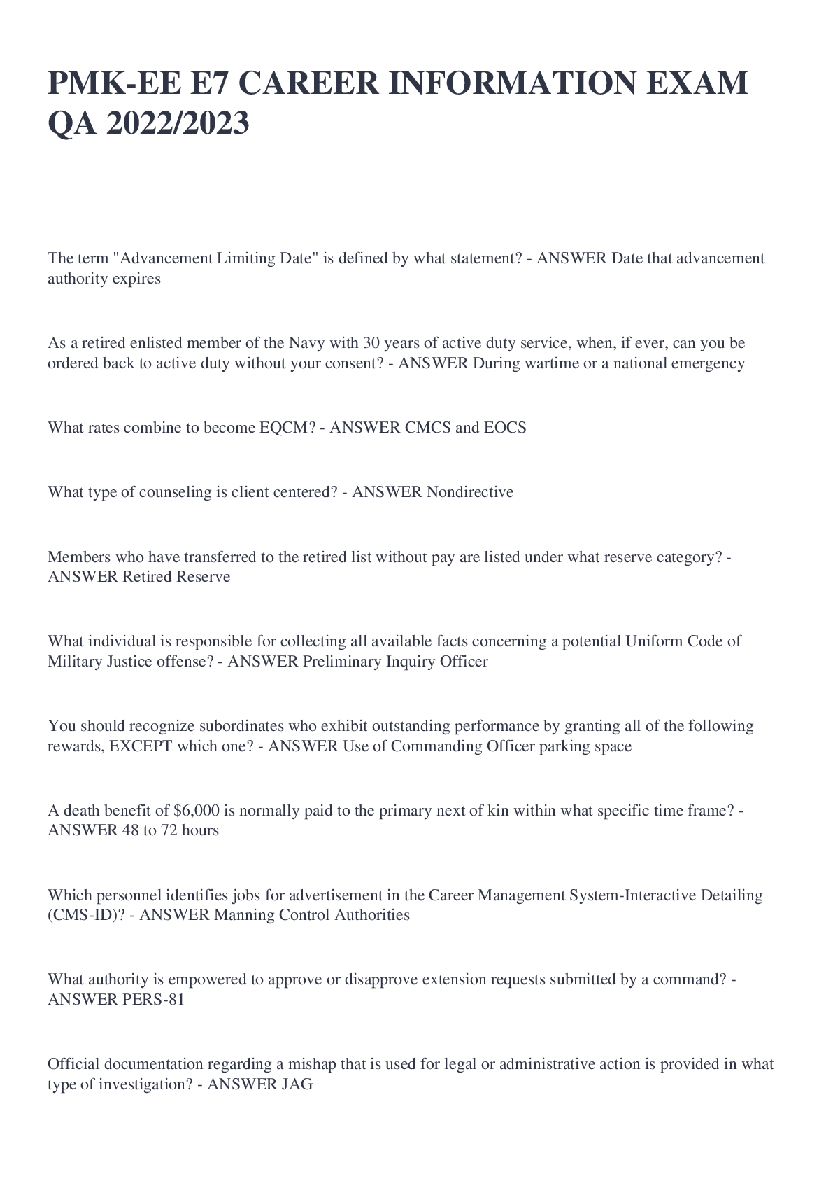 Preview image for PMK-EE E7 CAREER INFORMATION EXAM QA 2022/2023