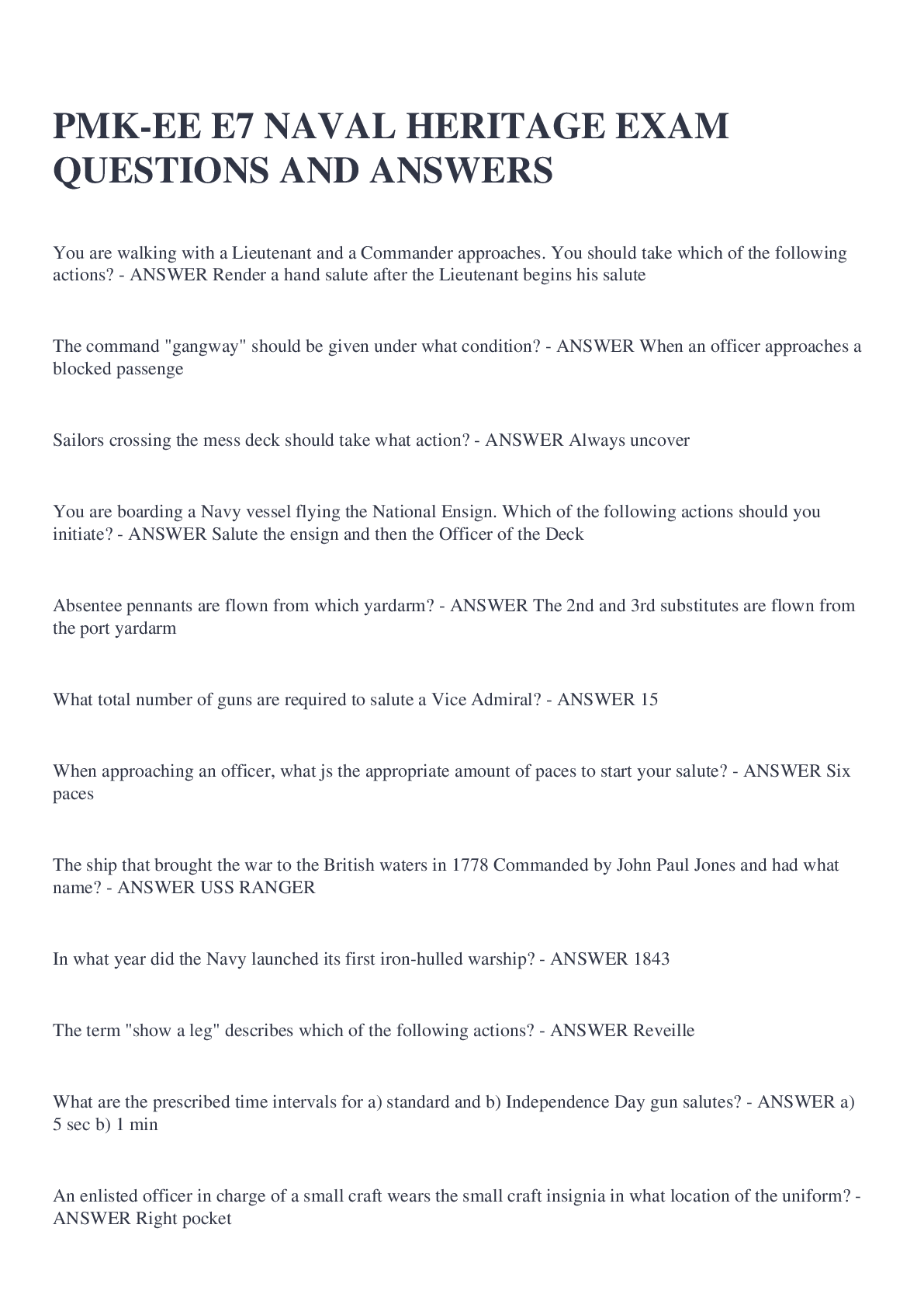Preview image for PMK-EE E7 NAVAL HERITAGE EXAM QUESTIONS AND ANSWERS