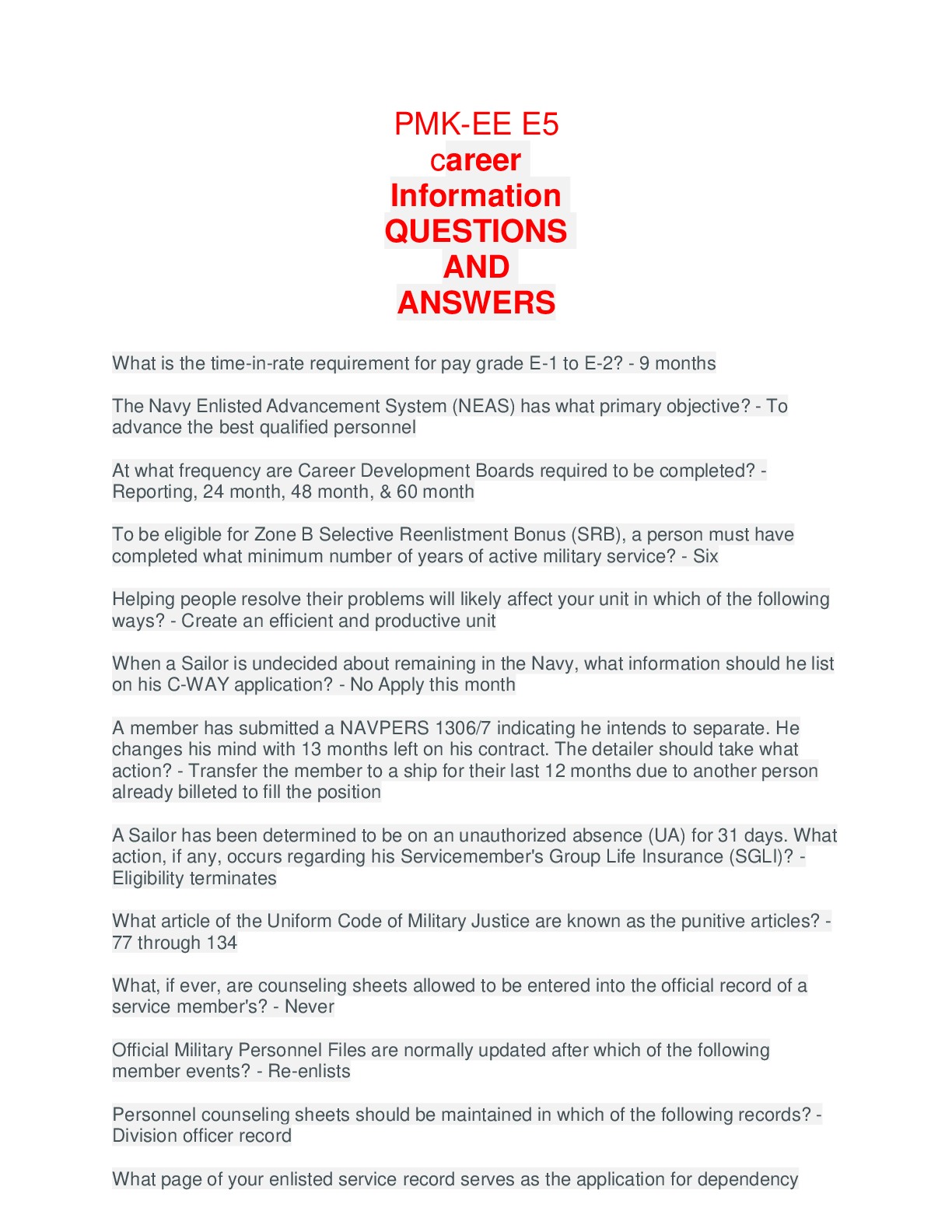 Preview image for PMK-EE E5 career Information QUESTIONS AND ANSWERS