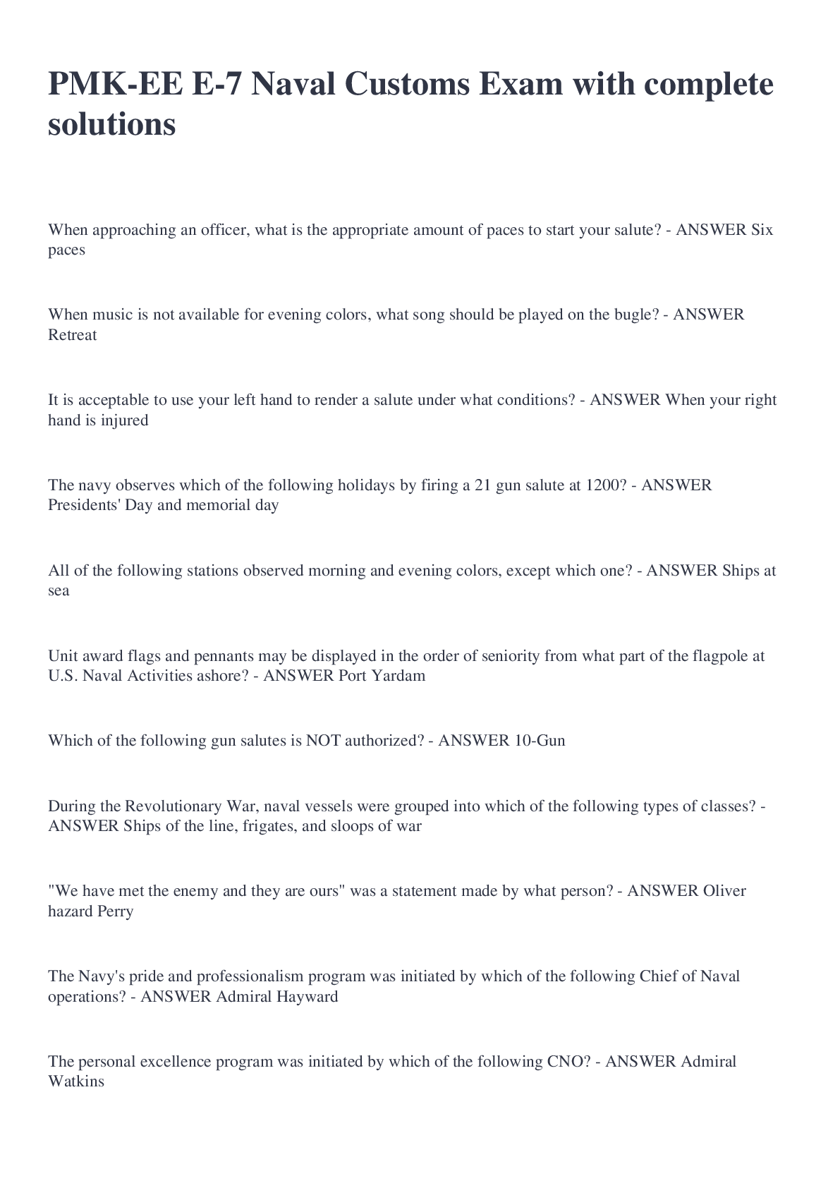 Preview image for PMK-EE E-7 Naval Customs Exam with complete solutions