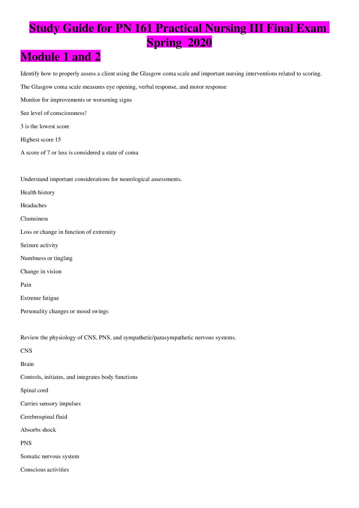 Preview image for Study Guide for PN 161 Practical Nursing III   Final Exam   Spring  2020 Module 1 and 2