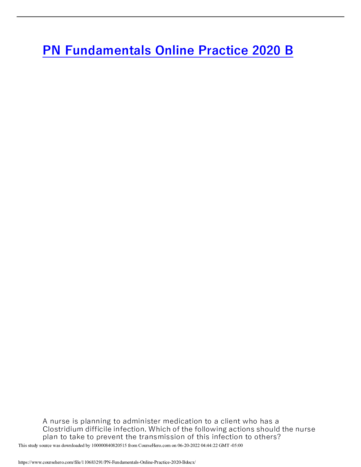 Preview image for NURSE 315 PN Fundamentals Online Practice 2020 B,100% CORRECT