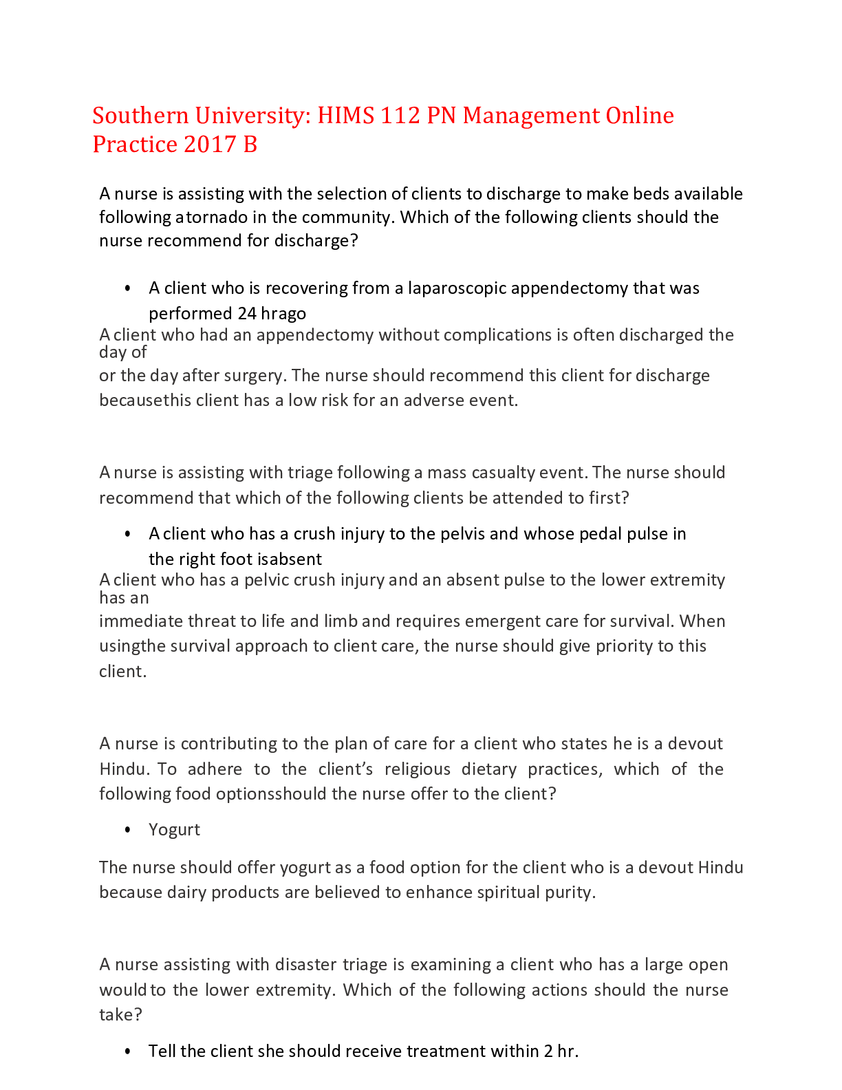 Preview image for Southern University: HIMS 112 PN Management Online Practice 2017 B,100% CORRECT