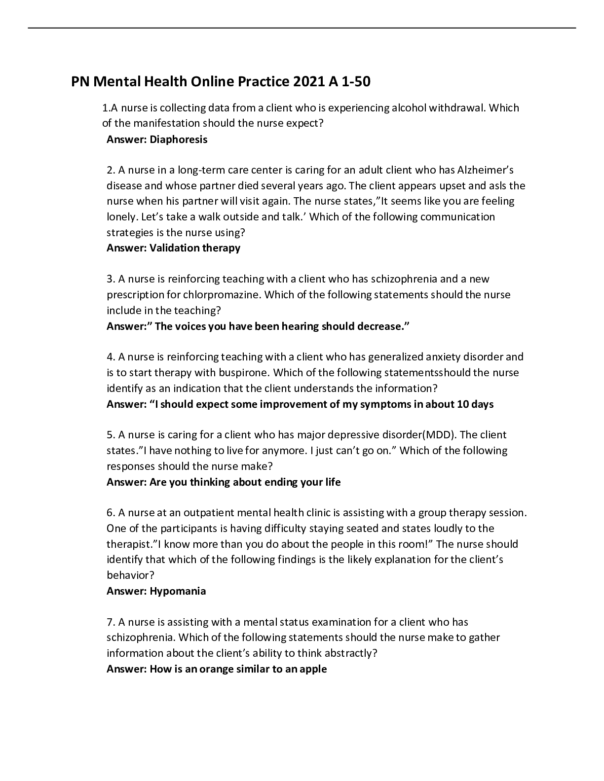 Preview image for PN Mental Health Online Exam A 2021, graded A. latest updates