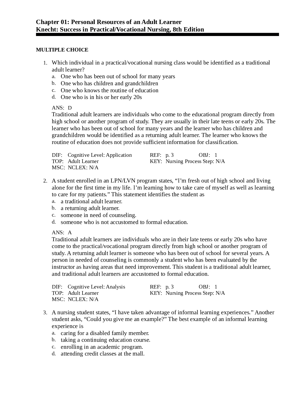 Preview image for TEST BANK FOR SUCCESS IN PRACTICAL - VOCATIONAL NURSING 8TH EDITION- KNECHT