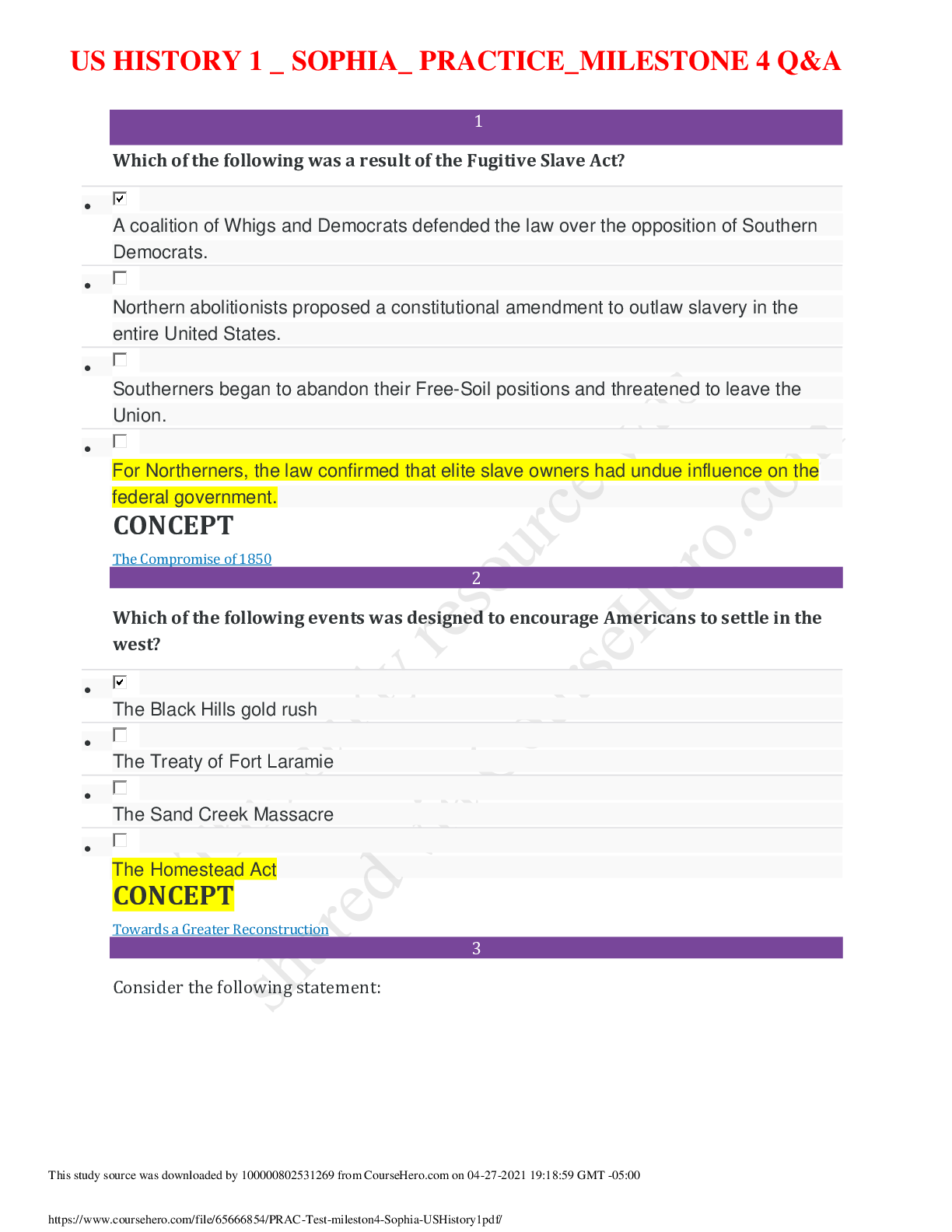 Preview image for US HISTORY 1 _ SOPHIA_ PRACTICE_MILESTONE 4 Q&A,100% CORRECT