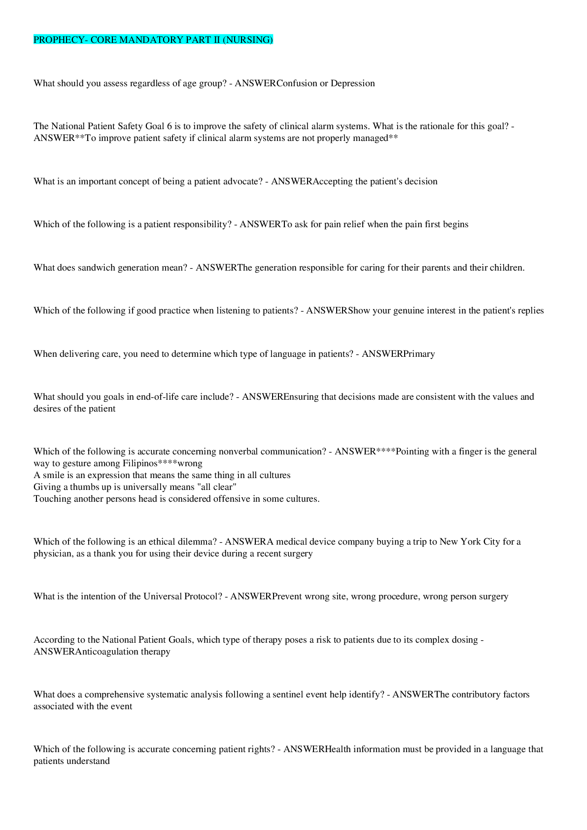 Preview image for Prophecy- Core Mandatory Part II (Nursing)2022