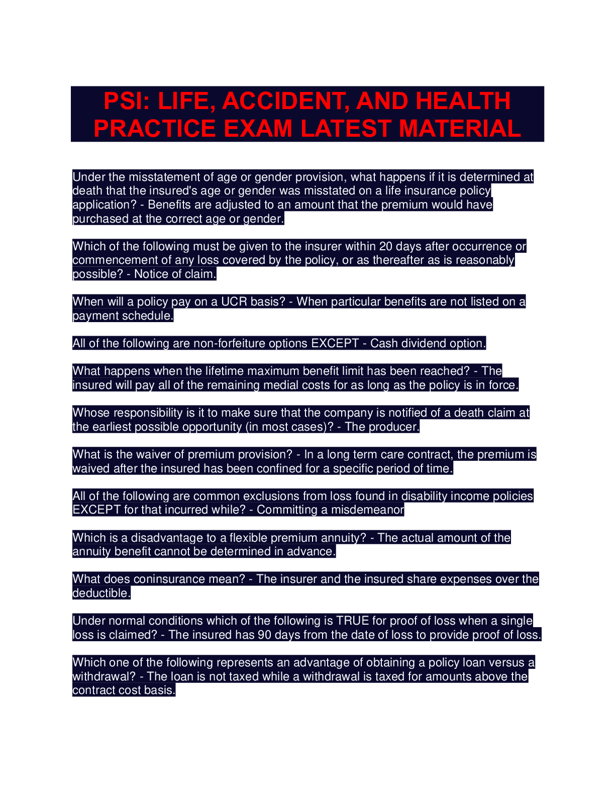 Preview image for PSI: LIFE, ACCIDENT, AND HEALTH PRACTICE EXAM