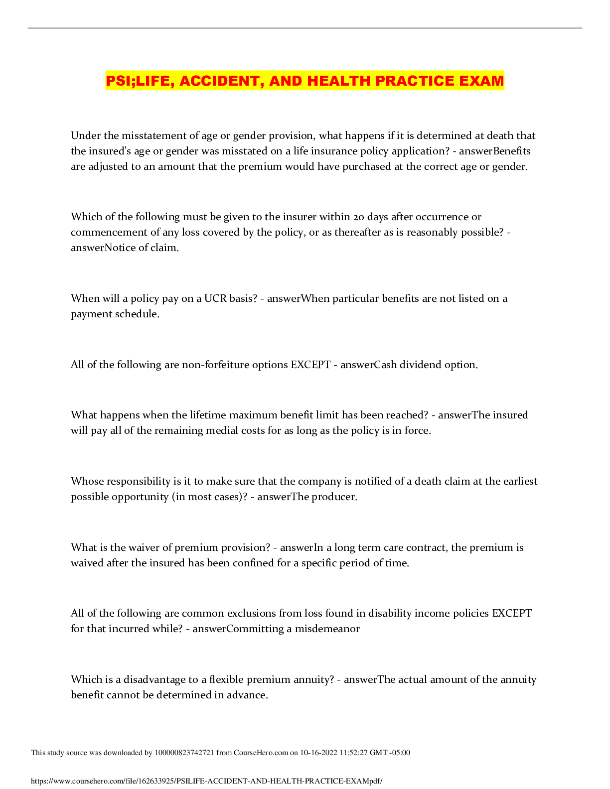 Preview image for PSI;LIFE, ACCIDENT, AND HEALTH PRACTICE EXAM