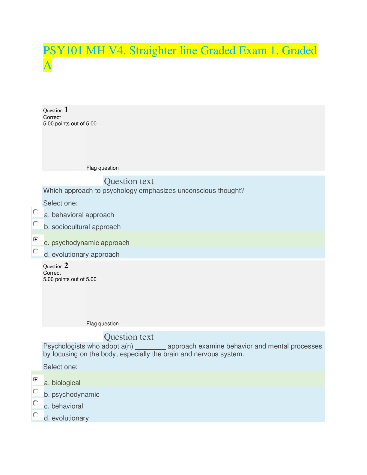 Preview image for PSY101 MH V4. Straighter line Graded Exam 1. Graded A. 2022 October updates