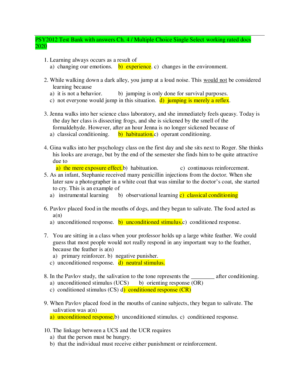 Preview of PSY2012 Test Bank with answers Ch. 4 / Multiple Choice Single Select working rated docs 20