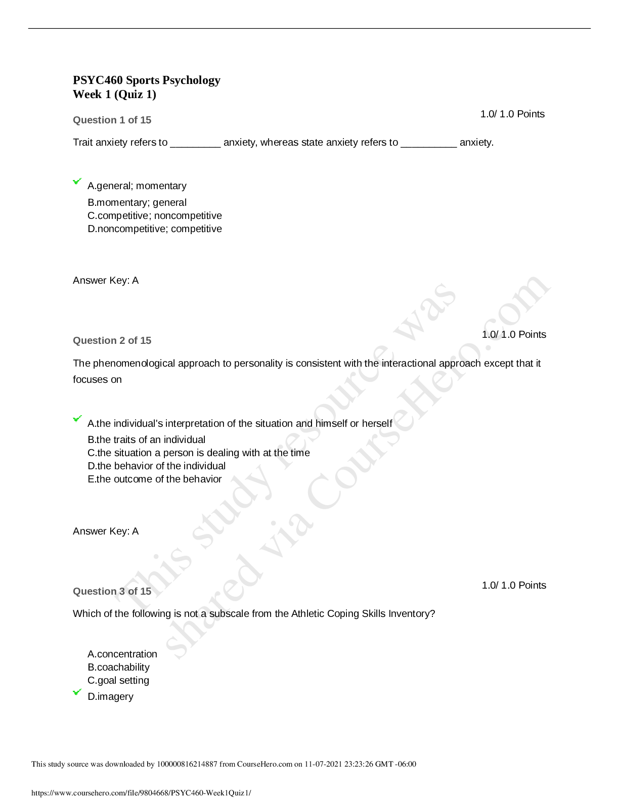 Preview image for PSYC460 Week1 Quiz1 (SUCCEED) | Questions and Answers | Download To Score A