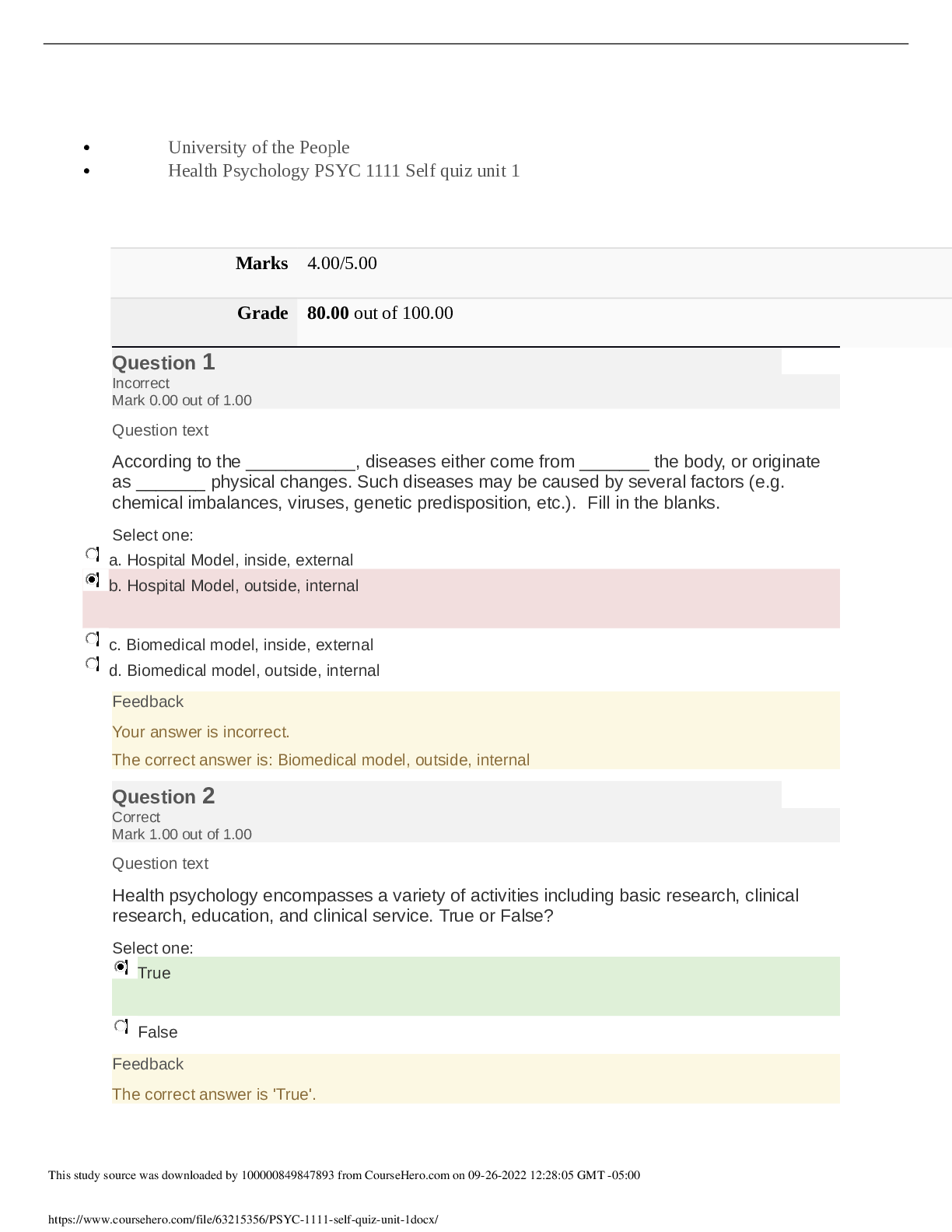 Preview image for University of the People PSYCHOLOGY PSYC 1111  self quiz unit 1. Grade 80.00 out of 100.00