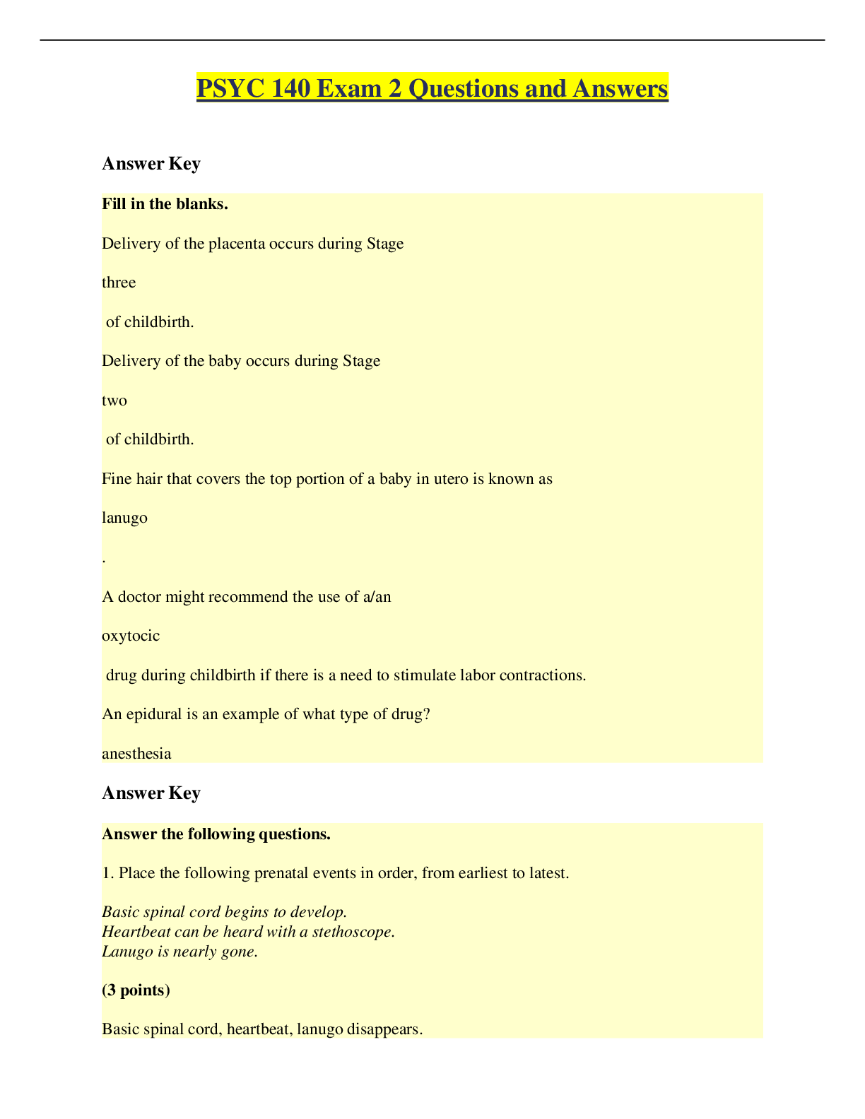 Preview of PSYC 140 Exam 2 Questions and Answers- PORTAGE LEARNING.