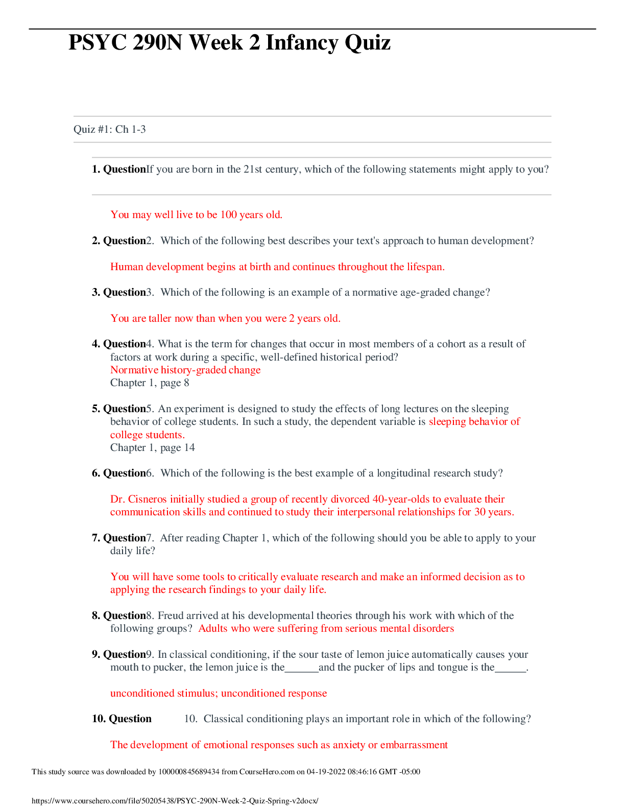 Preview of PSYC 290N Week 2 Infancy Quiz (VOLUME 2) | Questions and Answers elaborations | Download T