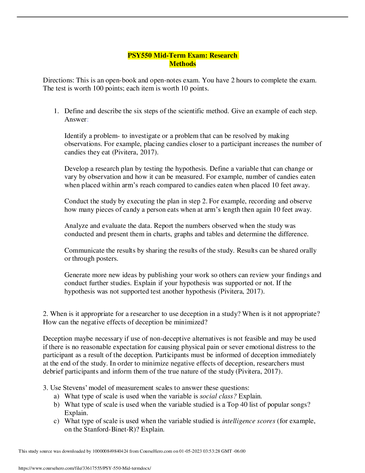 Preview image for PSY 550 Midterm Exam: Research Methods. Rated A. 2022 updates