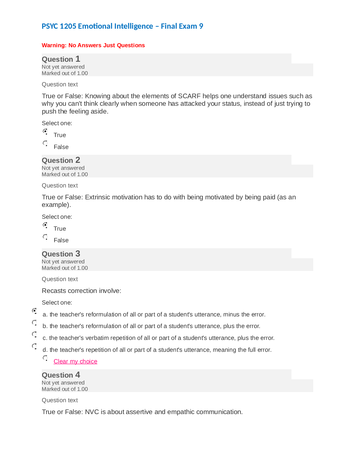 Preview of PSYC 1205 Emotional Intelligence - Final Exam 9 ( 50 questions with 100% CORRECT ANSWERS )