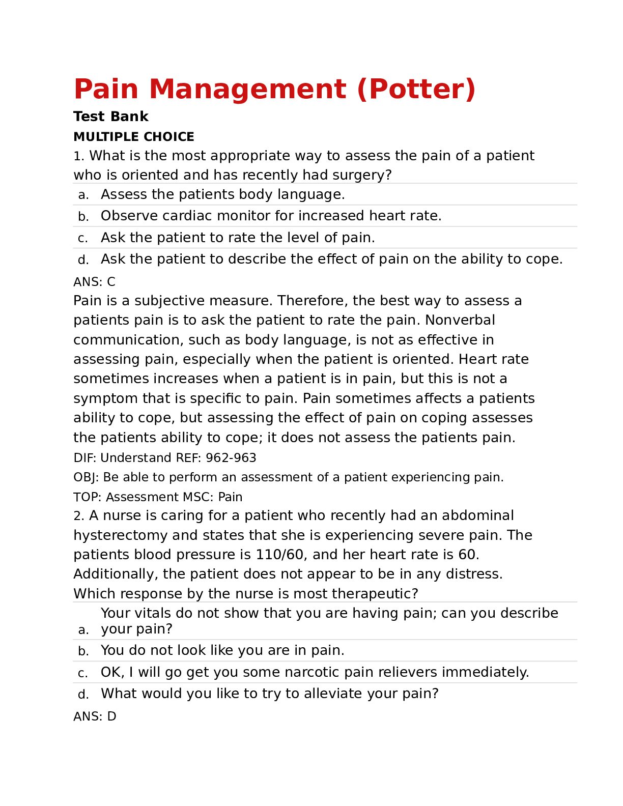 Preview image for NURSING MISC Pain Management (Potter) TEST BANK